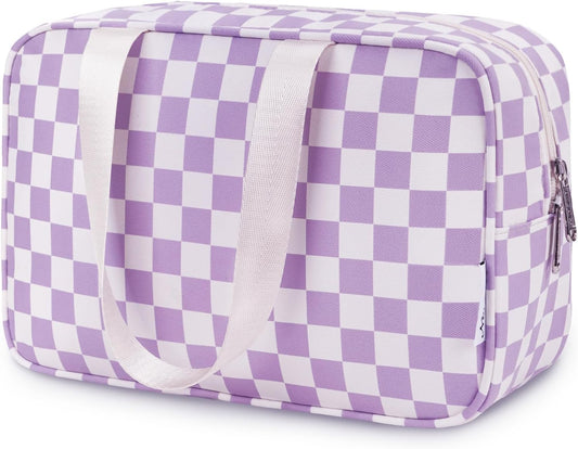 Narwey Large Checkered Travel Toiletry Bag Women Toiletries Bag Makeup Bag with Handle Make up bag Organizer Cosmetic Bag Medicine Bag for Girls (Purple Checkerboard, Large)