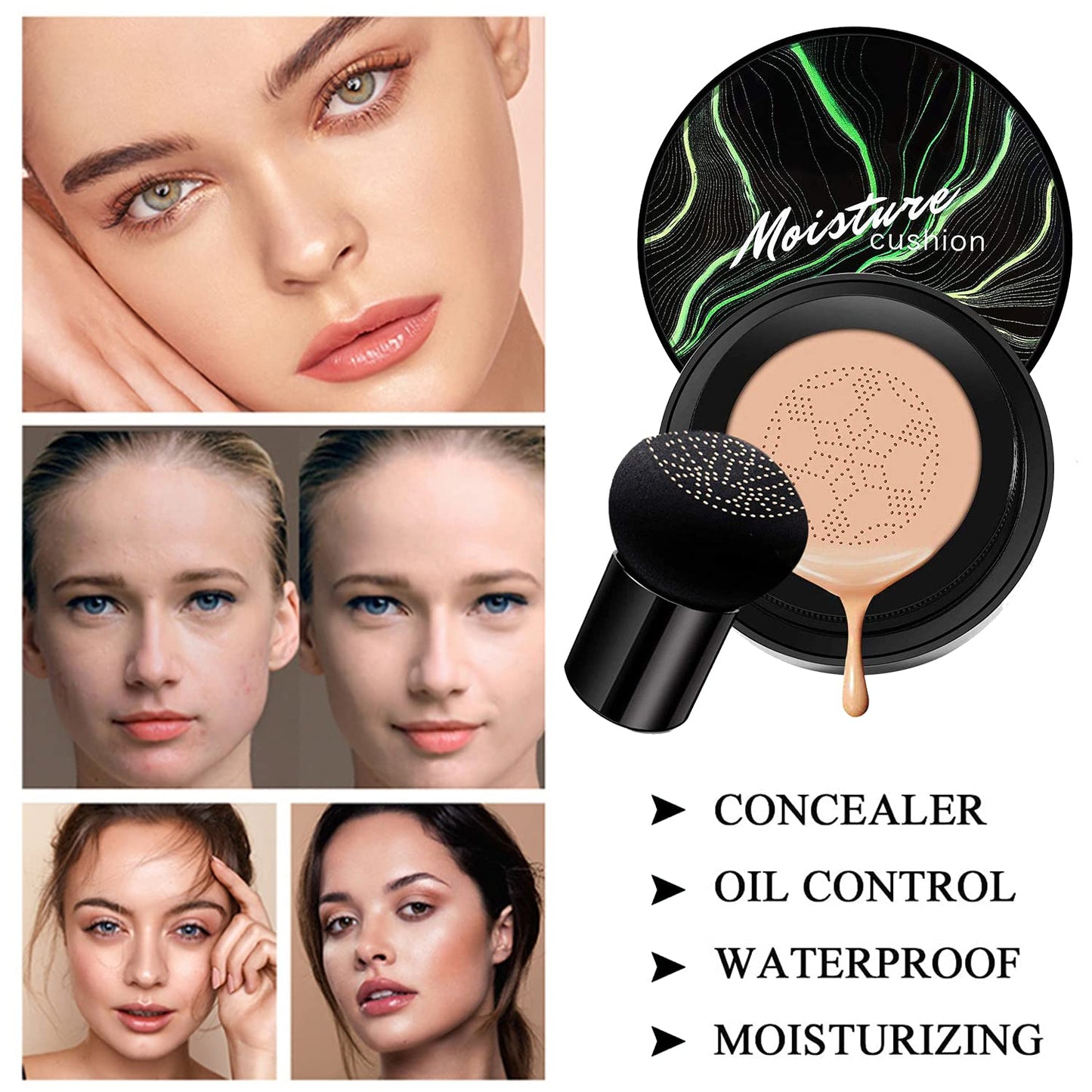 2 PCS Mushroom Head Air Cushion CC Cream Nature Foundation,Foundation Brush Powder Brush,Moisturizing Concealer, Bright Makeup Base Long Lasting (#02 Natural+#03 Warm Nude)