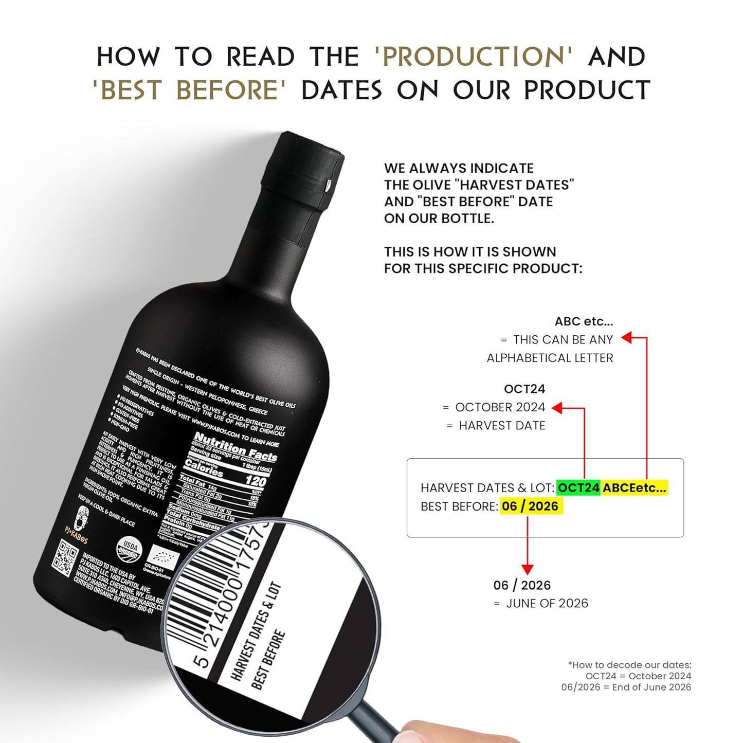 P.J. KABOS 2024/25 Harvest, Very High Phenolic (750+mg/kg), USDA Organic Greek Extra Virgin Olive Oil, Kosher, Greece, Cold Extracted, 16.9 oz Bottle, "Family Reserve Organic - Robust" (6-Pack)