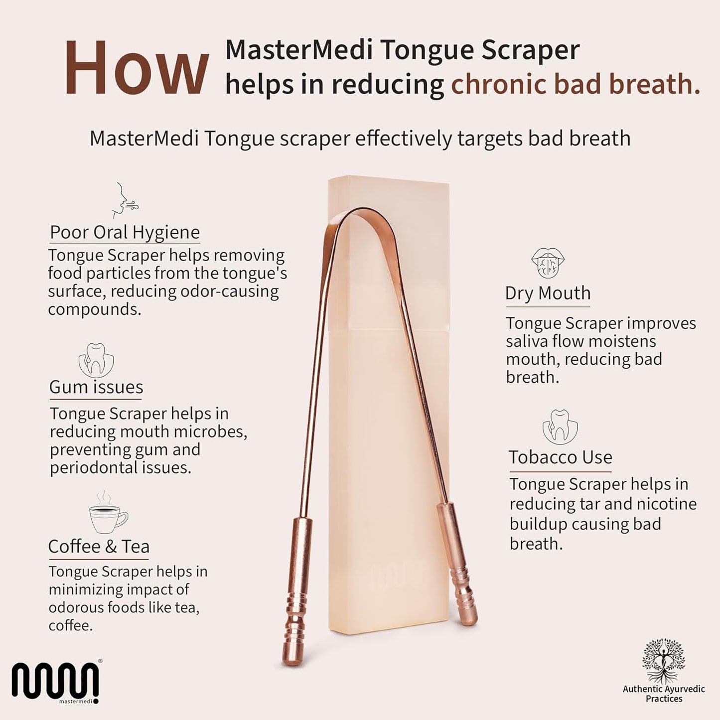MasterMedi Pure Copper Tongue Scraper for Adults, Tongue Scrubber for Bad Breath, Easy to Use, Tongue Cleaner for Oral Care & Hygiene (Copper Pack of 1 With Case)