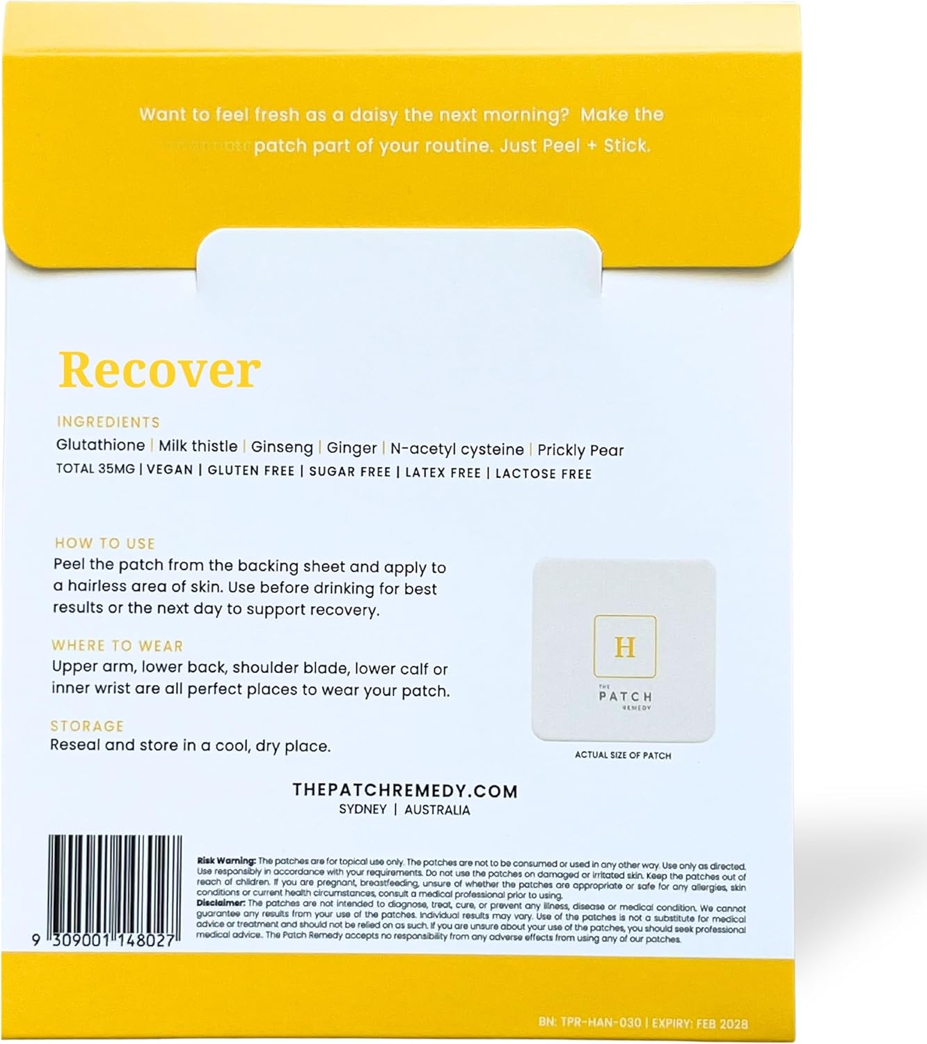 Recover Patch | Glutathione, Milk Thistle, NAC, Ginger, Ginseng & Prickly Pear | 30 Patches