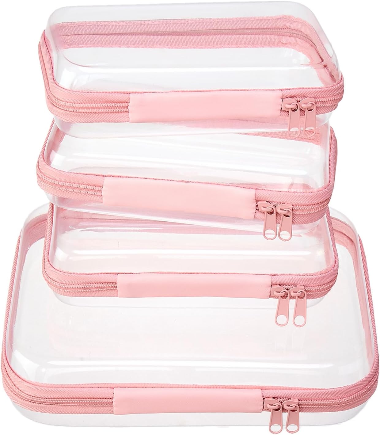 4 pcs Clear Zipper Pouches,Hard Shell Zipper Case, Toiletry Bag for Travel, CLear Diaper Bag, Toiletry Pouch, Travel Organizer, Clear Cosmetic Bag,Toy Storage Bins (M+3S) (Light Pink)