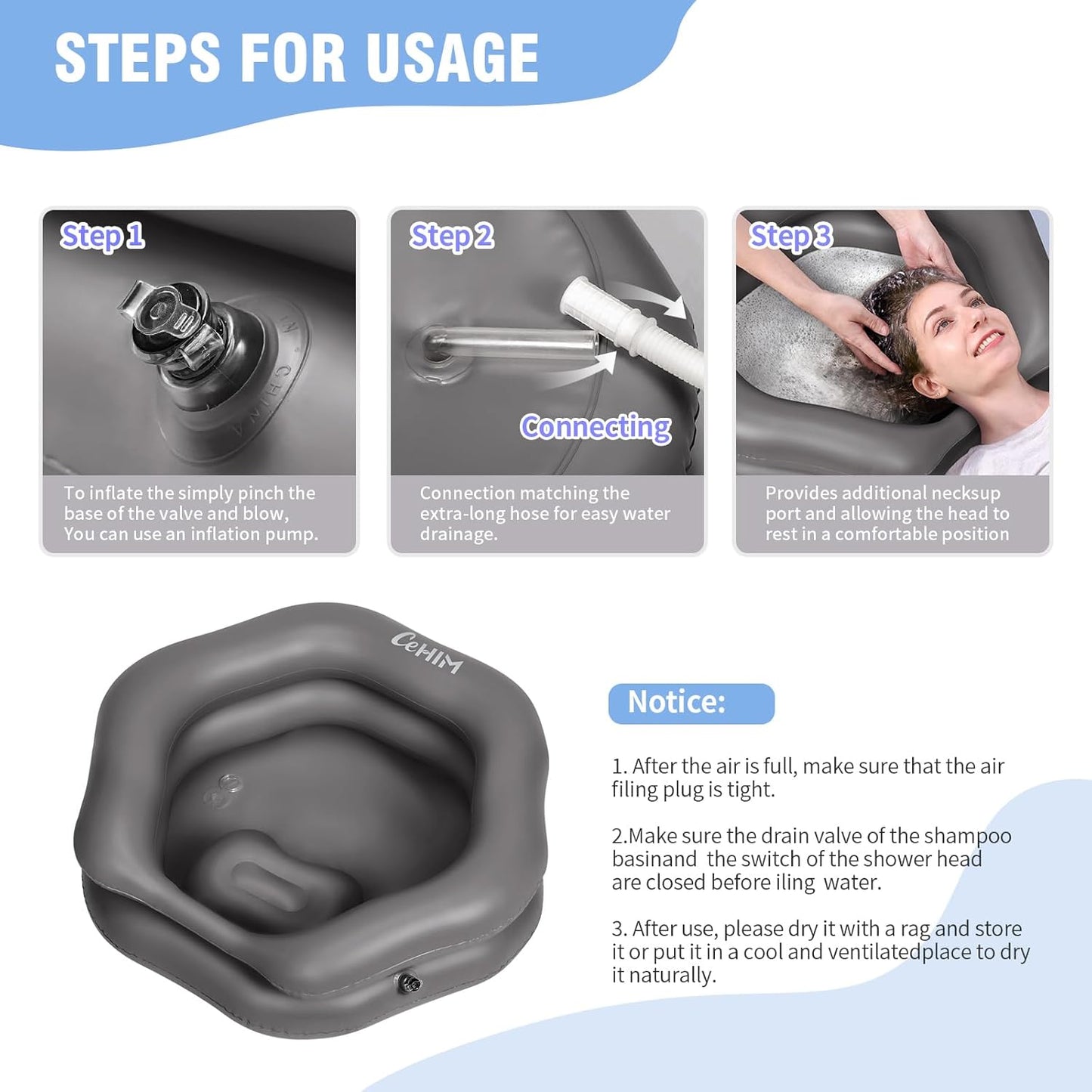 Inflatable Shampoo Basin for Bedridden, Elderly & Disabled - Petal-Shape Large Size, 360° Neck Support, Central Drain Hole with Pull Ring | Leak-Proof PVC Portable Hair Washing Bowl (Grey)