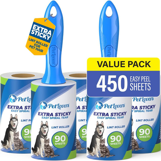 PetLovers Extra Sticky Lint Roller Mega Value Set 450 Sheets for Pet Hair Removal and Clothes, Dog and Cat Lint Remover 5 Pack