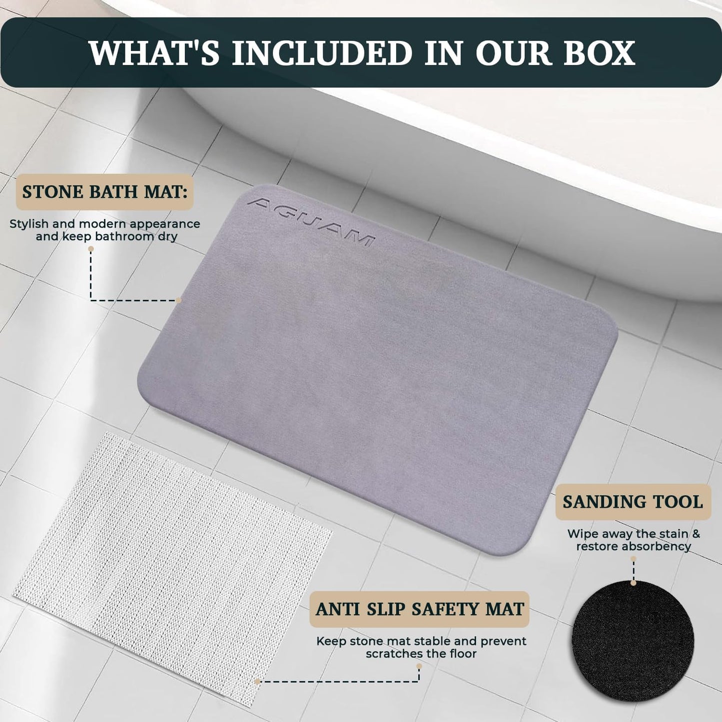 28" x 18" Diatomaceous Earth Shower Non Slip Stone Bath Mat | Quick Dry Super Absorbent Large Mats for Kitchen | Anti-Slip Fast Drying Water Absorbing Stone Bath Mats for Bathroom | Solid Gray