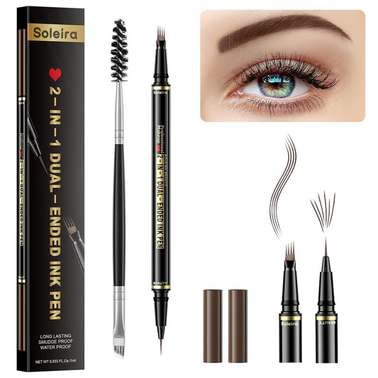 Eyebrow Pen, Soleira Waterproof Eyebrow Pencil with 4 Tip Microblading Eyebrow Pen and Dual-ended Eyebrow Brush, for Natural-Looking Brows, Long-Lasting, V2 Dark Brown