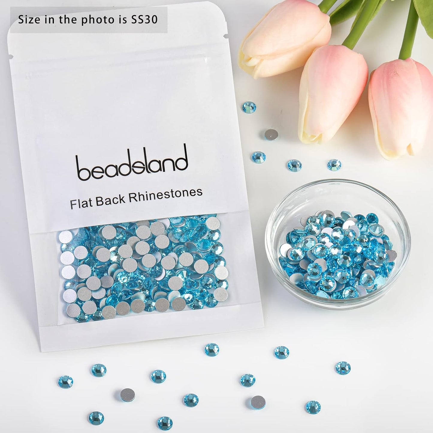 beadsland Flat Back Crystal Rhinestones Round Gems, Aquamarine (6.4-6.6mm) SS30/288pcs