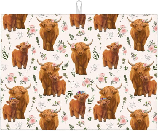 Highland Cow Dish Drying Mat for Kitchen Counter Cute Kitchen Mat Microfiber Kitchen Countertop Absorbent Reversible Drainer Rack Pad Dish Drying Mat 18 x 24 Inch