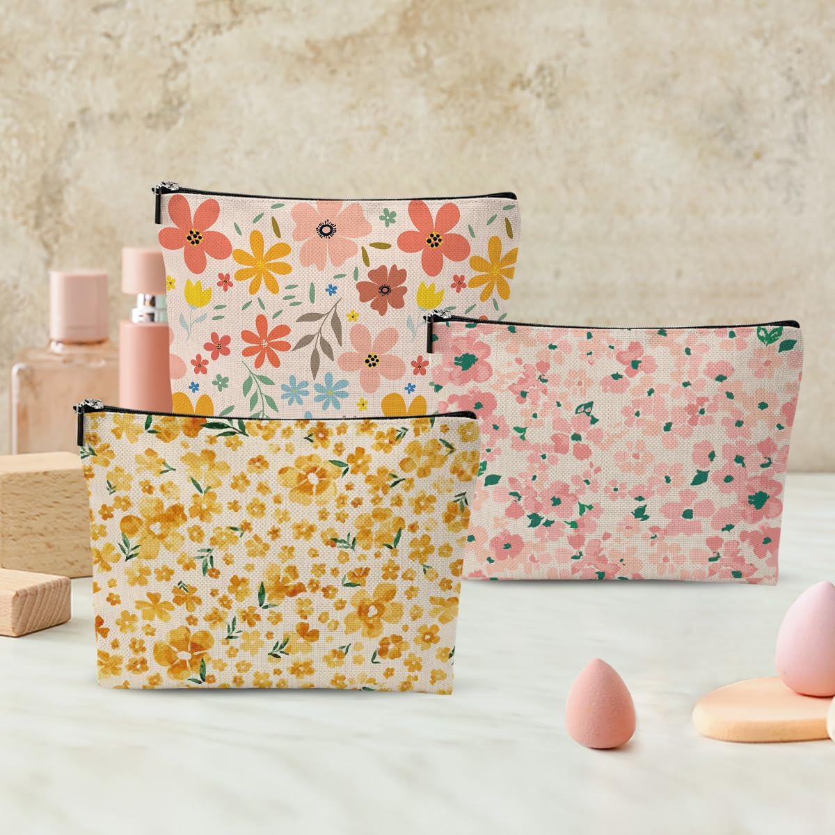 3pcs Colorful Flower Makeup Bag, Retro Botanical Flower Cosmetic Bag, Christmas Wedding Anniversary Birthday Friendship Gifts for Women Girls Best Friends Sister Bestie Grandma Travel Toiletry Bag