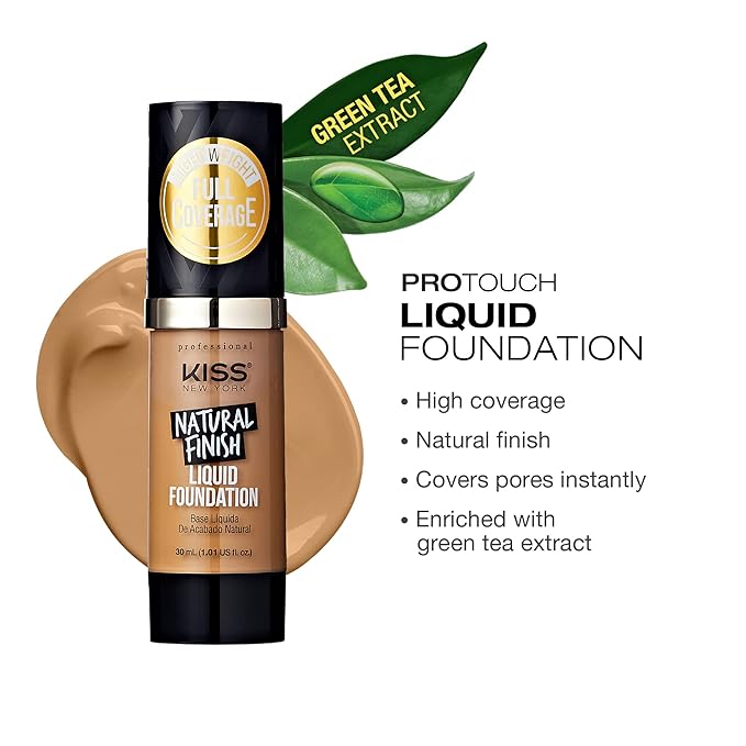 Kiss New York Professional Liquid Foundation - Lightweight and Hydrating Formula, Natural Finish, Control Shine, Cover Pores, Medium to Full Coverage, Green Tea Extract (Soft Tan)