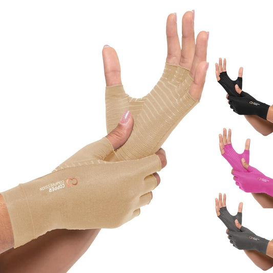 Copper Compression Arthritis Gloves | Fingerless Arthritis Carpal Tunnel Pain Relief for Men & Women | Hand Support Wrist Brace for Neuropathy, Rheumatoid, Tendonitis, Swelling, Crocheting Nude (L)