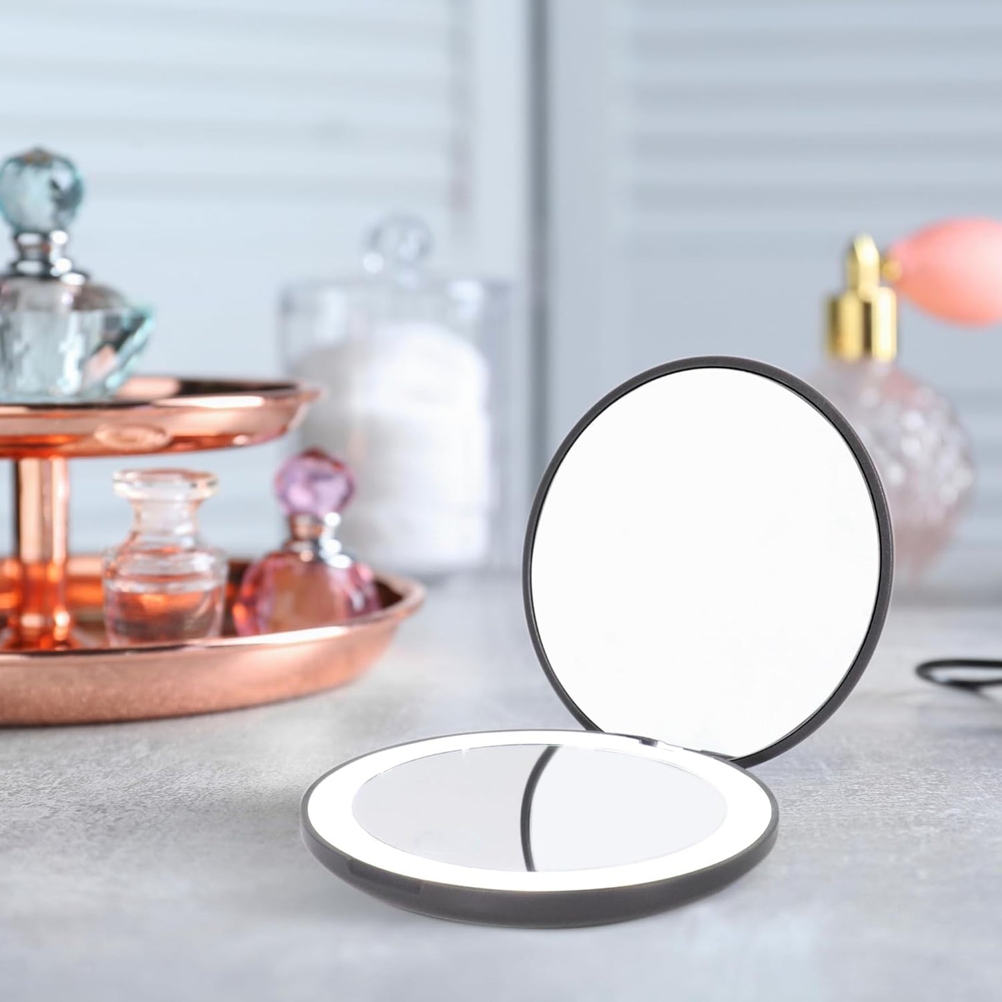 LanJo Lighted Compact Mirror with 1X/5X Magnification, Stepless Dimming & 3 Adjustable Light Settings, Rechargeable Makeup Mirror for Purse, Travel & Gifts – Air Sign Zodiac Design – Charcoal Grey