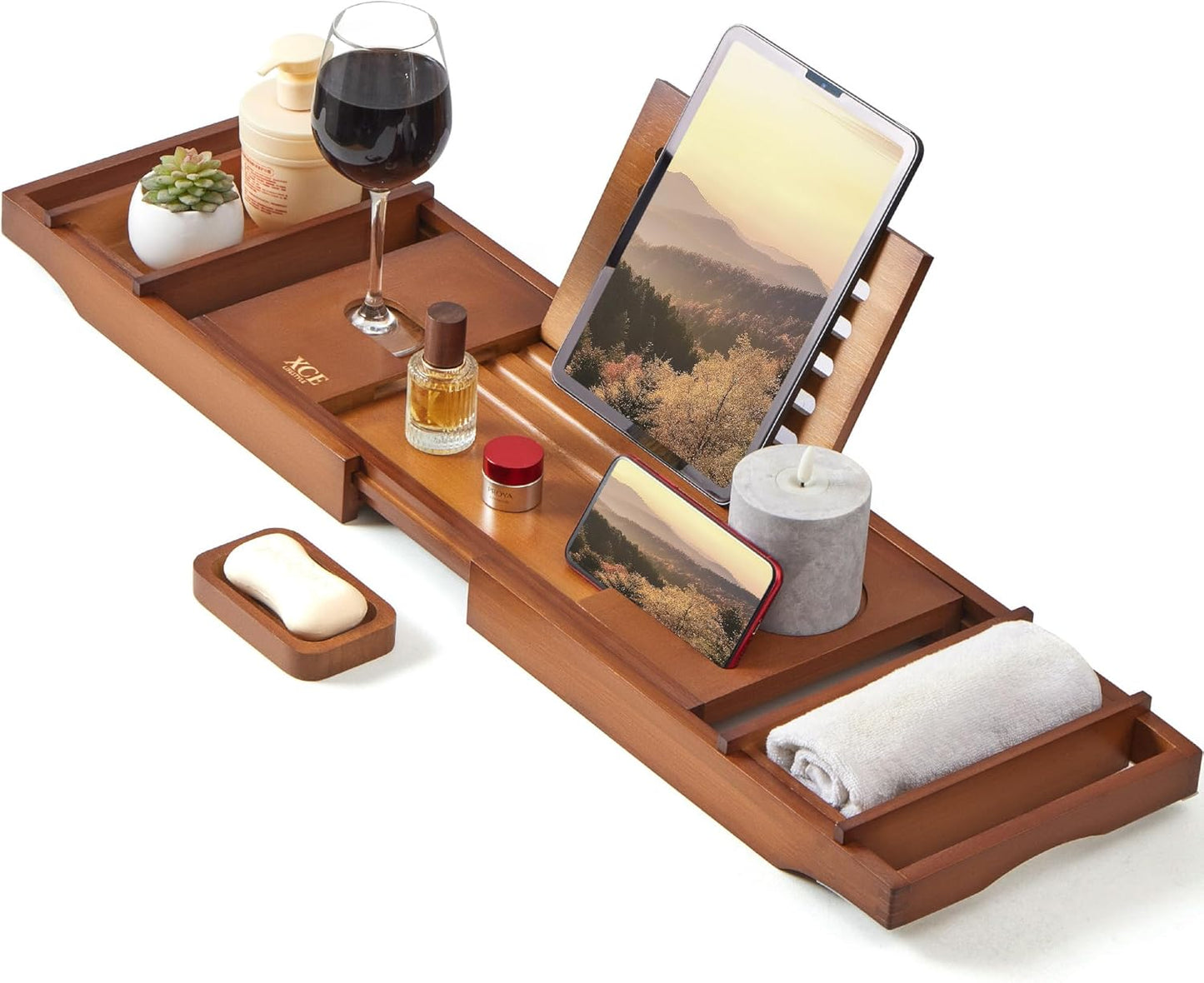 XcE Bathtub Caddy Tray Expandable to 105cm with Bamboo Book Stand and Soap Tray, Brown