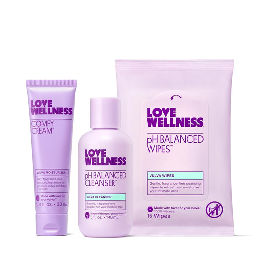 Love Wellness Skincare for Down There Bundle | Gentle pH Balancing Cleanser, Moisturizing Comfy Cream & Refreshing Wipes | Feminine Care for pH Balance, Dry & Sensitive Vulva | Fragrance-Free