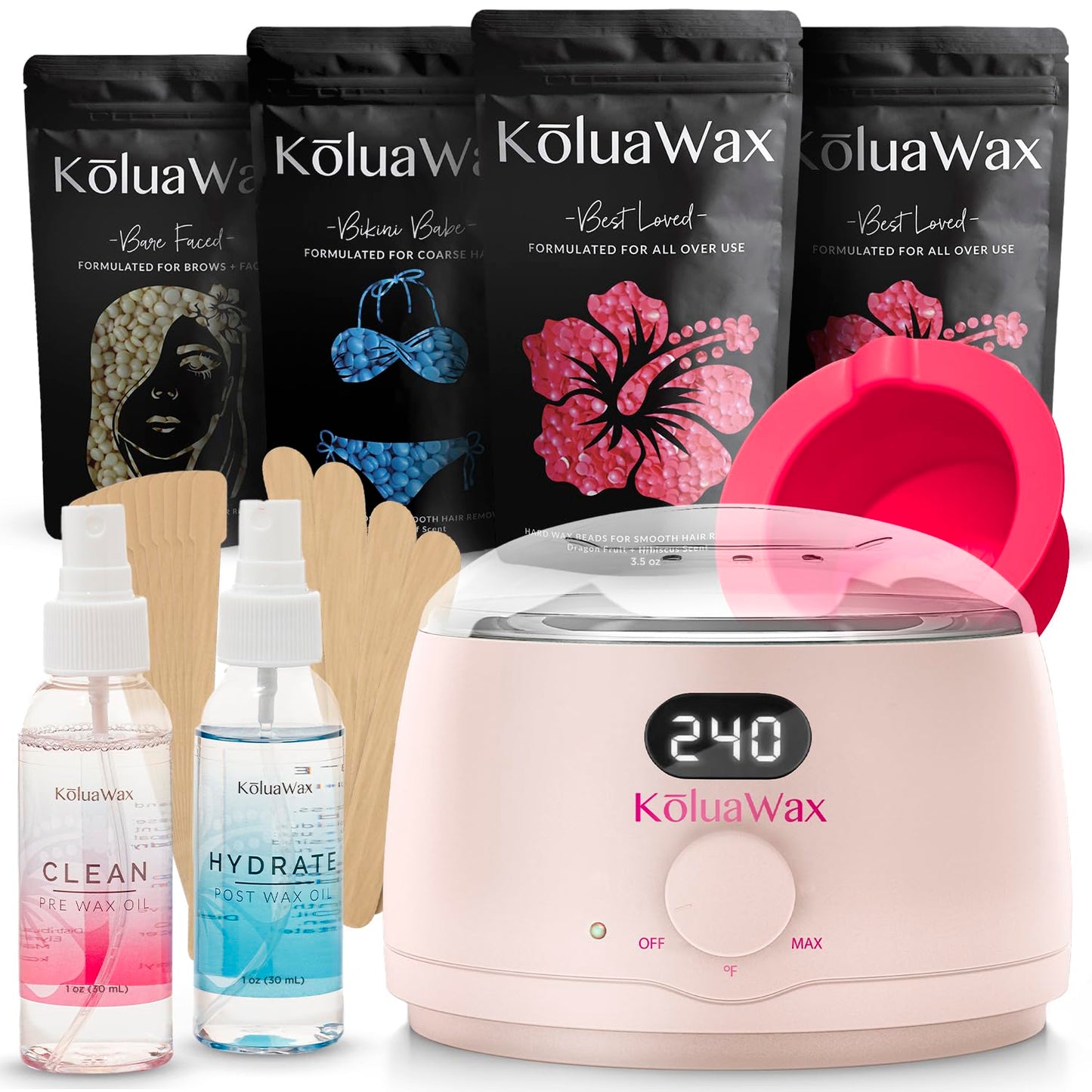 KoluaWax Premium Waxing Kit for Women - Hot Melt Wax Warmer for Hair Removal, Eyebrow, Bikini, Legs, Face, Brazilian & More - Machine + 4-Pack Hard Wax Beads + Accessories, Blush