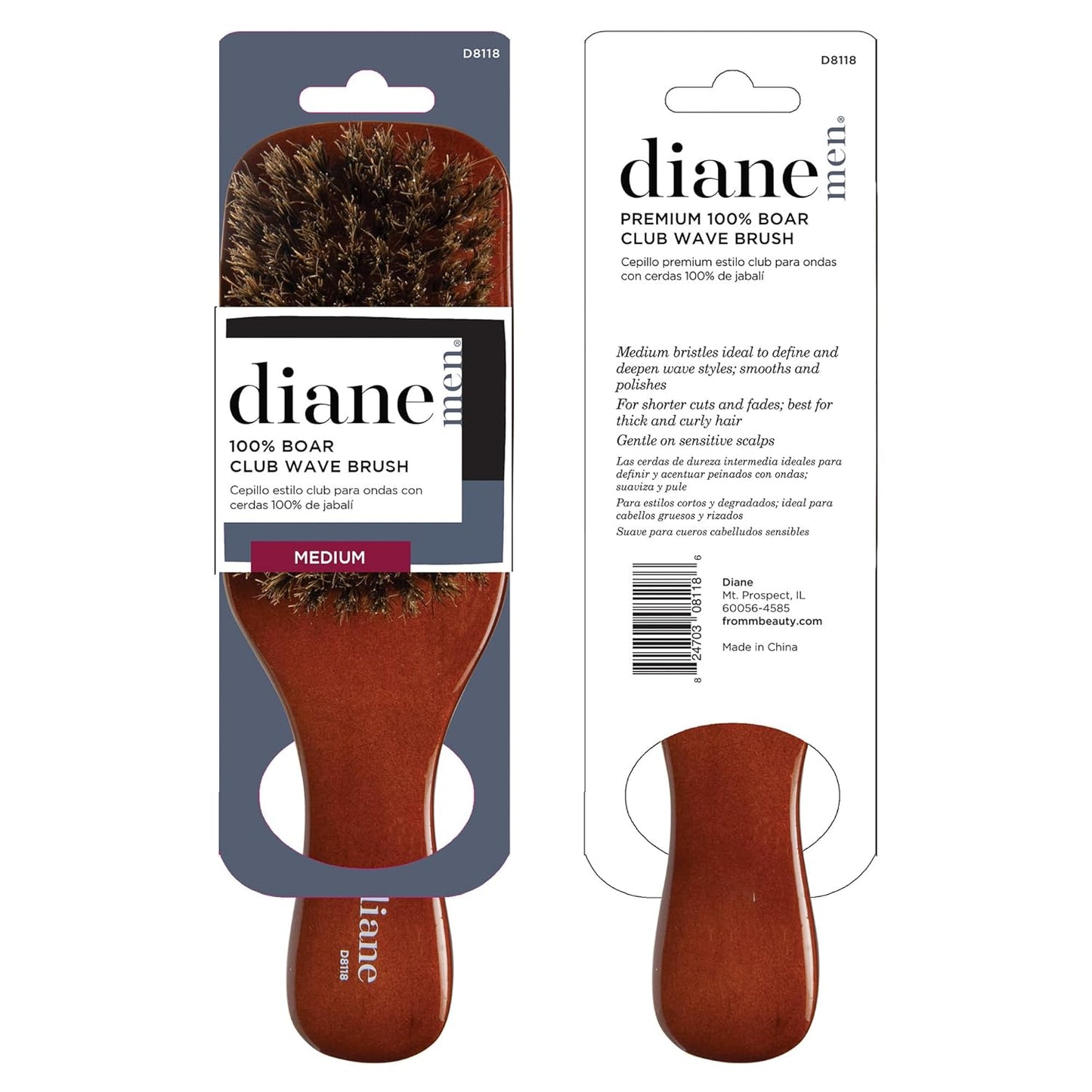 Diane Premium 100% Boar Bristle Club Wave Styling Brush for Men and Barbers, Medium-Firm Bristles for Thick Coarse Hair, Detangling, Smoothing