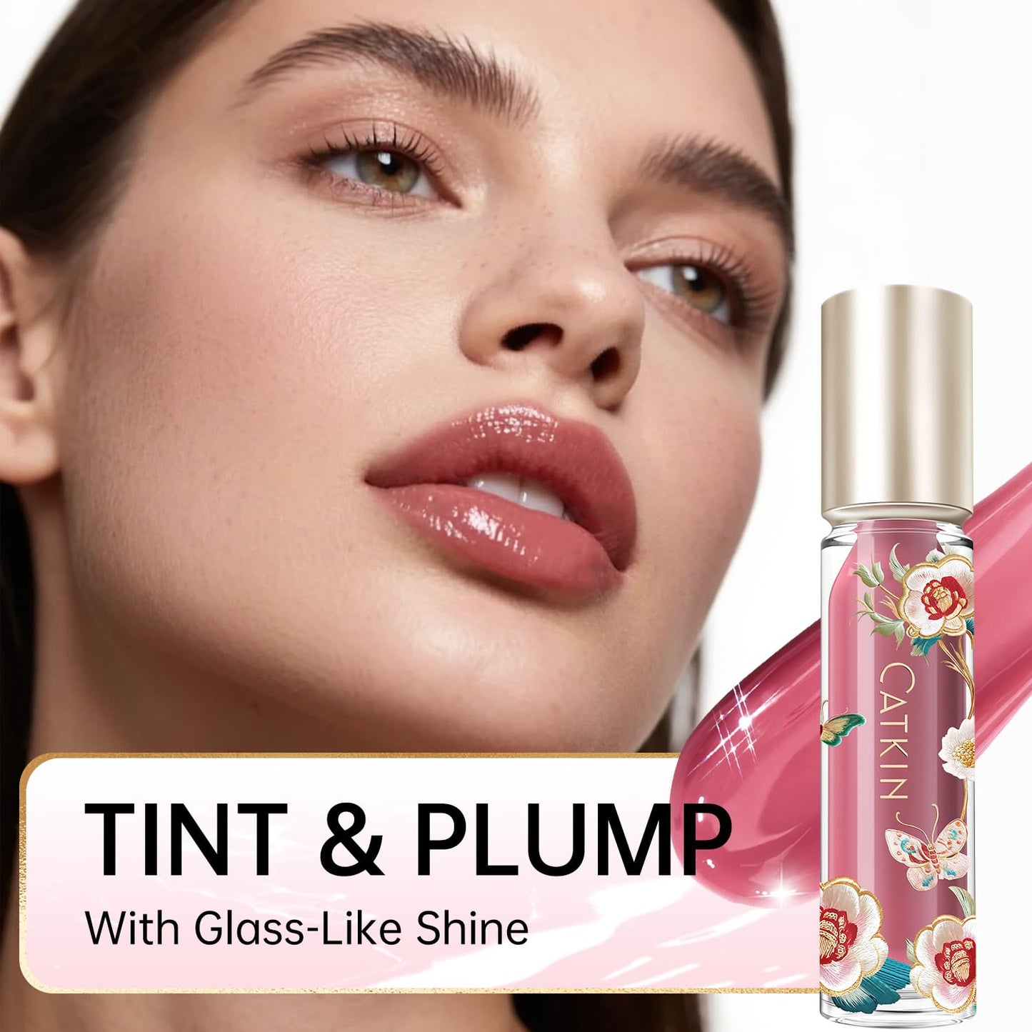 Catkin Lip Plumper Gloss, Tinted Lip Serum with Hyaluronic Acid & Jojoba Oil, Non-sticky Volumizing Hydrating Formula for a High Shine Maximum 3D Look, Plump & Soft Lips 0.12 Fl Oz - C07 Rose Agate