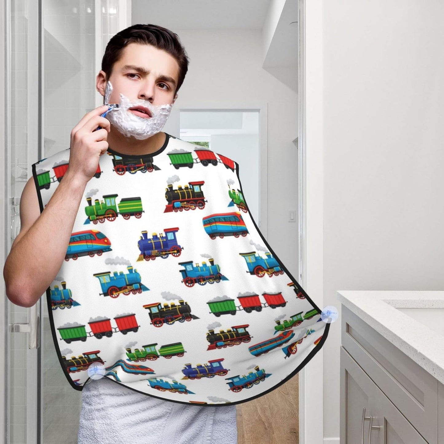 Stretchable Beard Cape, Non-Stick Hair Catcher for Trimming, Waterproof Grooming Apron, Train Pattern Cartoon