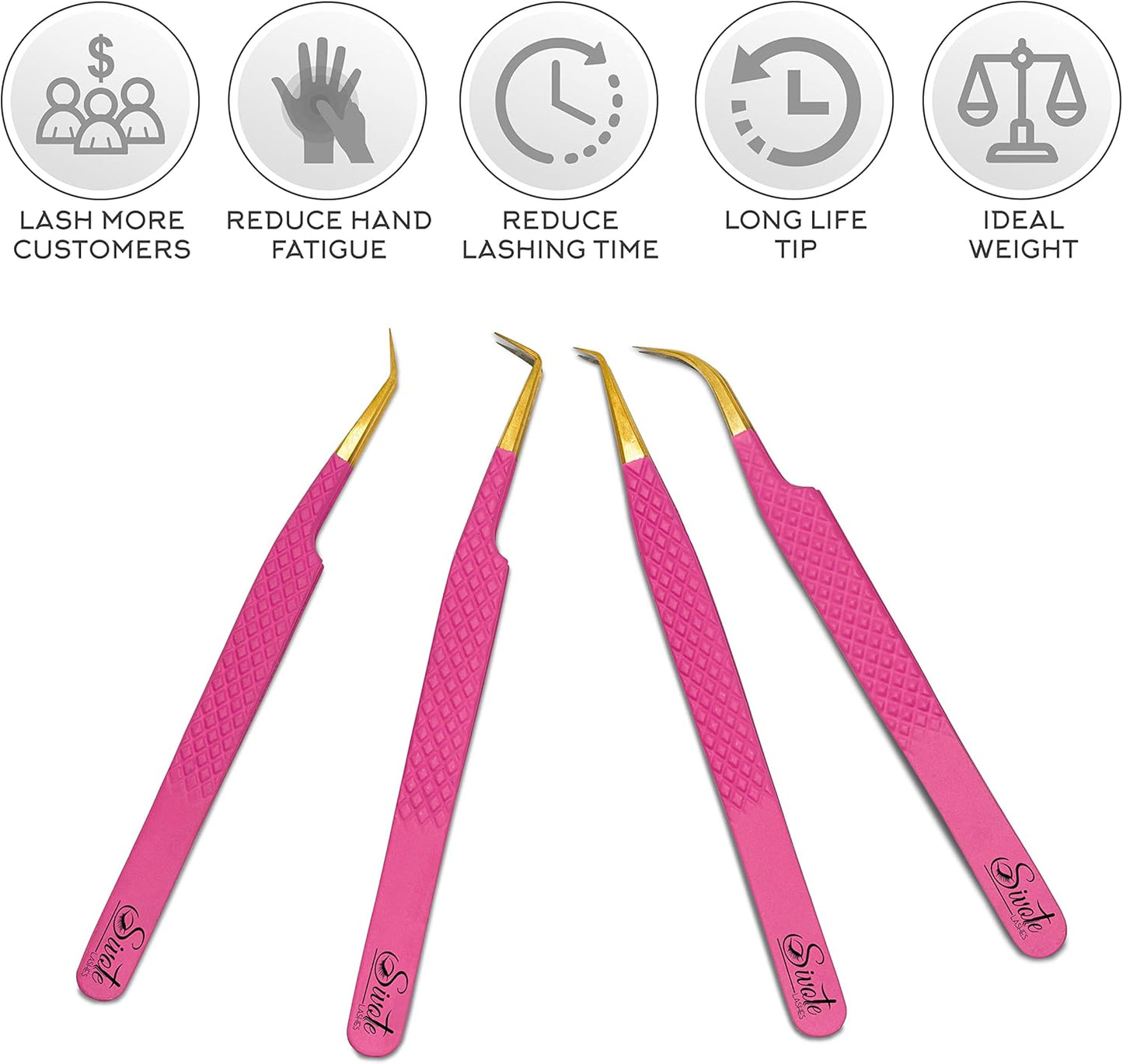 SIVOTE Fiber Tip eyelash tweezers for lash extensions with Diamond Grip, Pink, Set of 4 - Precise Tips Japanese Steel for Classic, Volume & Mega Volume Lashes, Anti-Rust - Ideal for Lash Artists