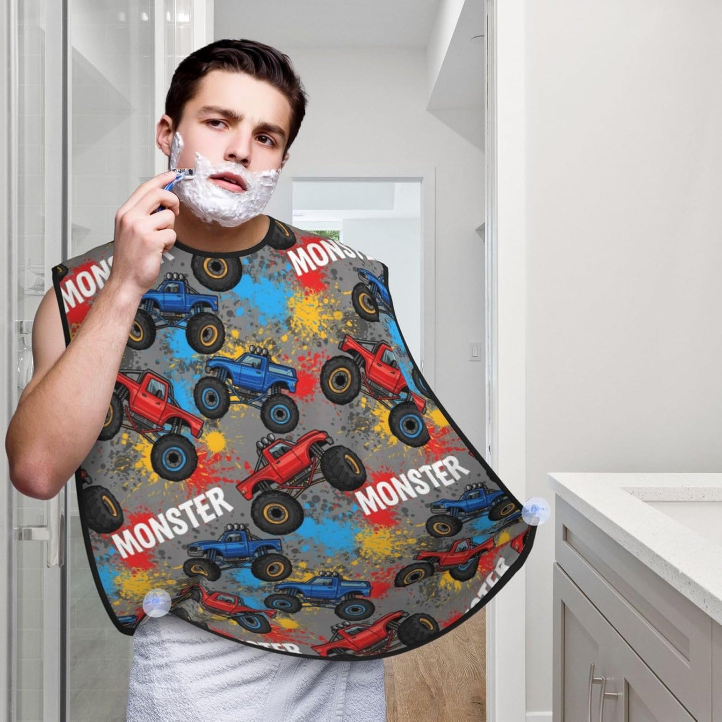 Beard Shaving Cape with Suction Cups, Grunge Monster Truck Car Art Shave Bib, Non-Stick Waterproof Hair Catcher, Grooming Bib for Men Husband