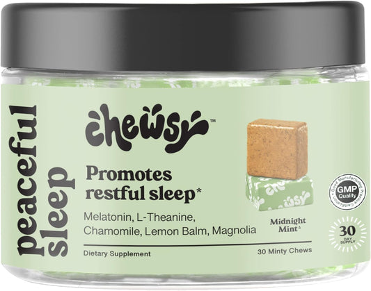 Chewsy Peaceful Sleep Chews, Sleep Support, 3 mg Melatonin, 200 MGS L-Theanine, Chamomile, Lemon Balm, Magnolia, Nighttime Sleep Aid, Naturally Minty Chews, Promotes restful Sleep, 30-Day Supply (1)