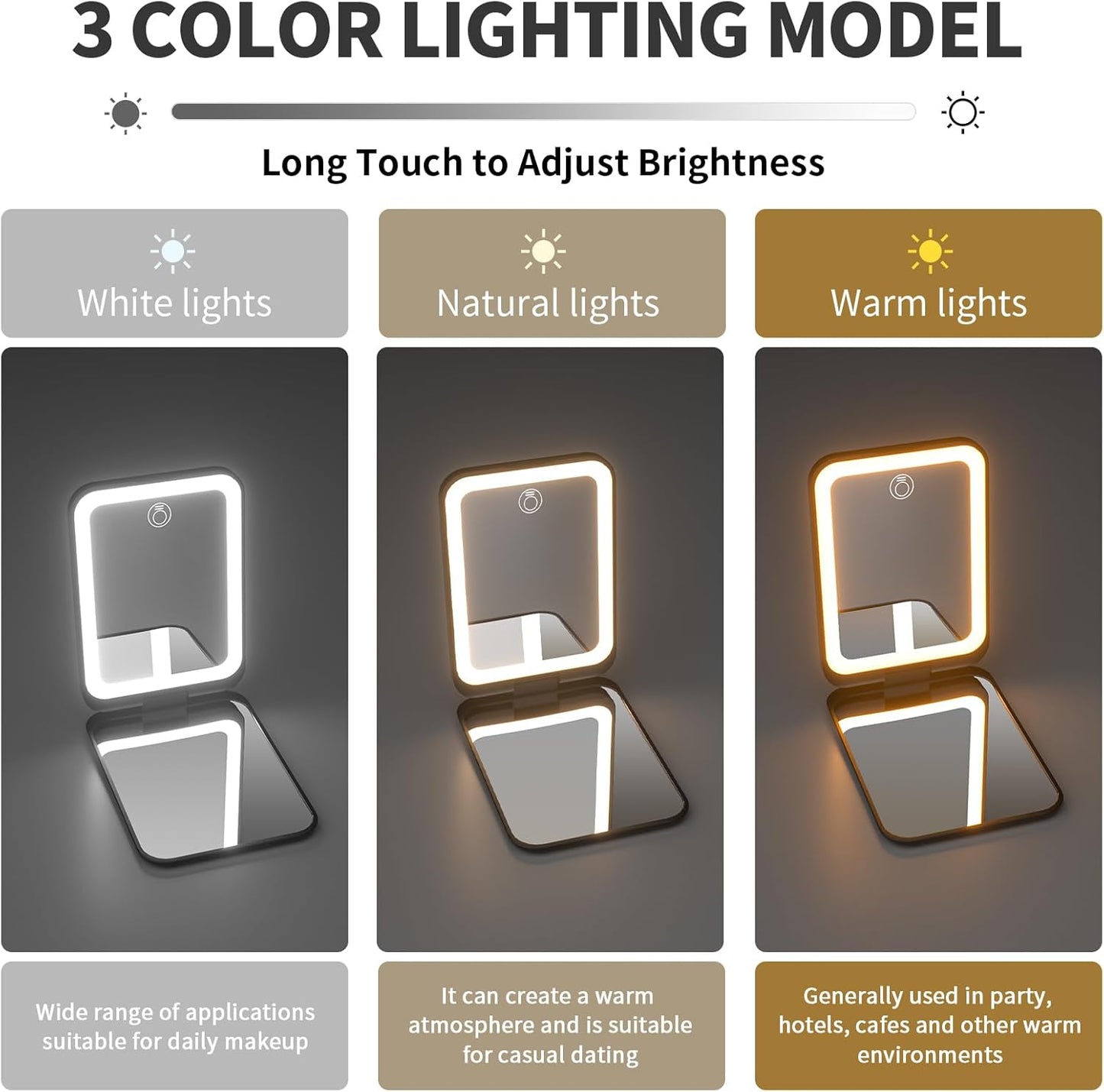 Kintion 2025 Pocket Mirror, Rechargeable Dimmable 3 Color Lighting 1X/3X LED Compact Travel Makeup Mirror for Purse, Portable, Folding, Handheld, Small Lighted Mirror for Women Gift, Black