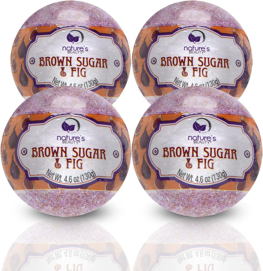 Nature's Beauty Brown Sugar & Fig Bath Bomb Multi-Pack - Natural Hand Crafted, Non-Staining, Luxury Fizzy Spa Bomb, Moisturize Dry Skin, Made w/Orange Extract + Coconut Oil, 4.6 oz (4 Pack)