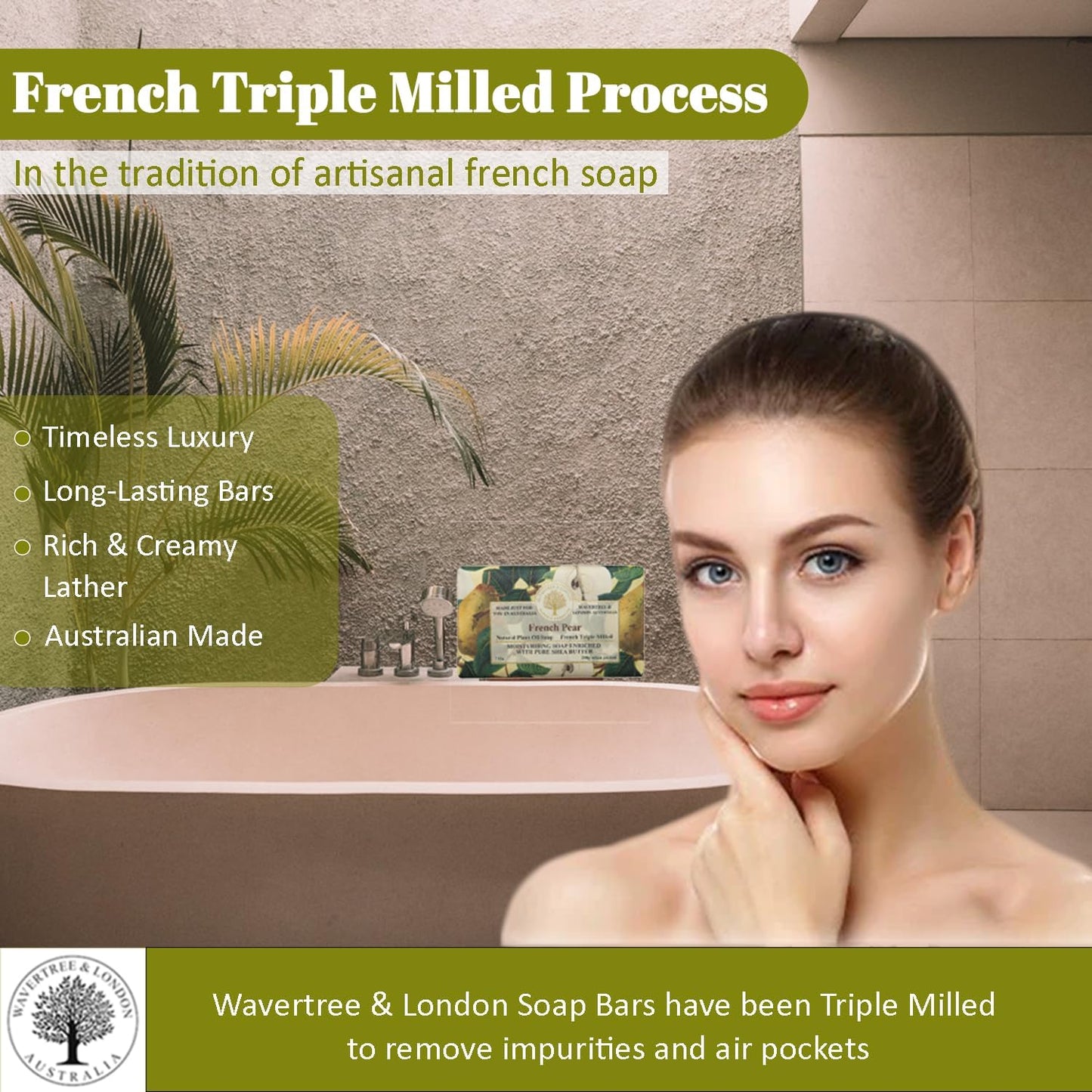 Wavertree & London French Pear Scented Natural Soap Bar, 7oz Moisturizing French Triple Milled Soap Bar for Women & Men enriched with shea butter - Pure Bath & Body soap bar for All Skin Types