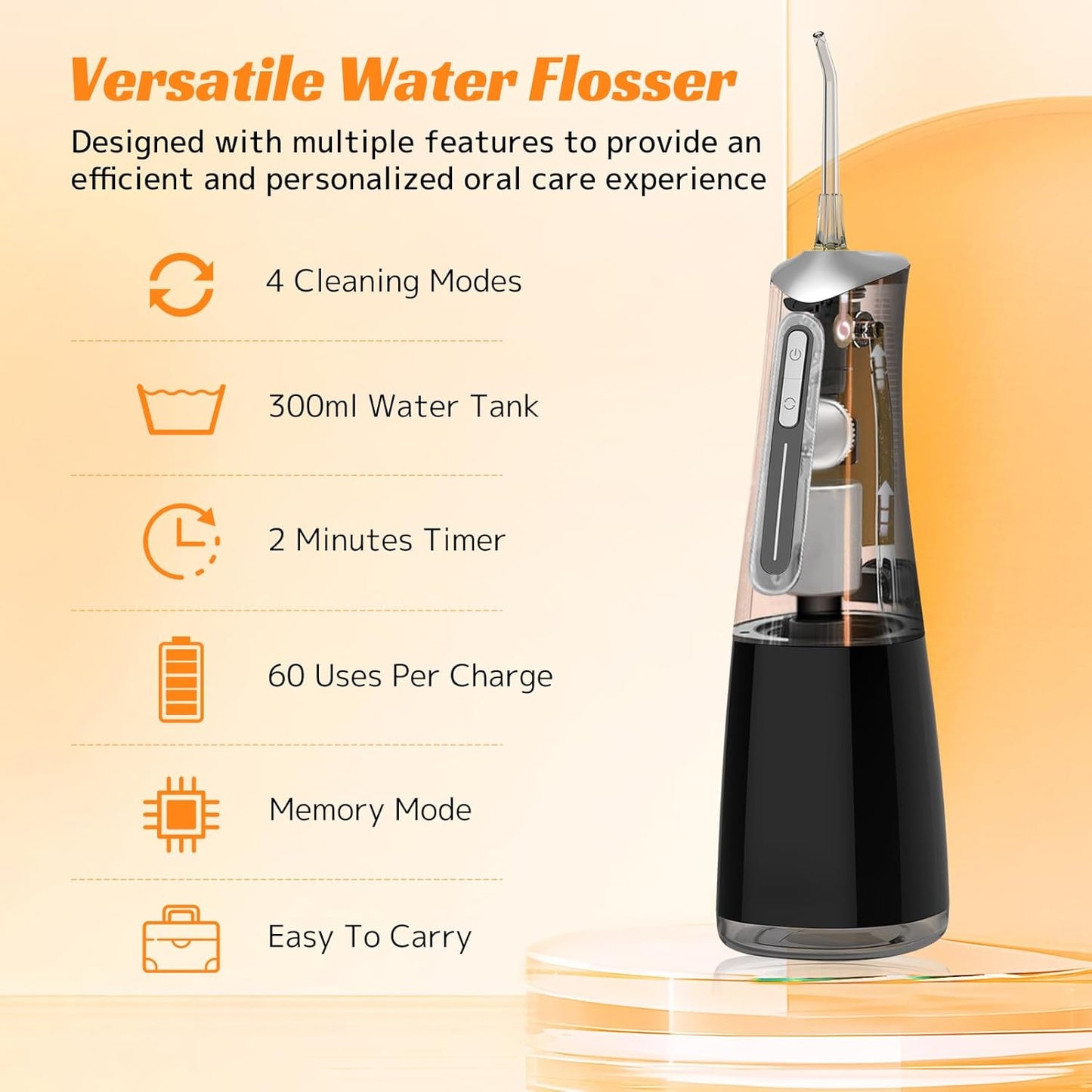 Water Dental Flosser Cordless Oral Irrigator with 300ml 5 Tips 4 Modes USBCharger Portable Travle Irrigation Cleaner IPX7 Electric Irrigador Dental for Teeth Cleaning (Black)