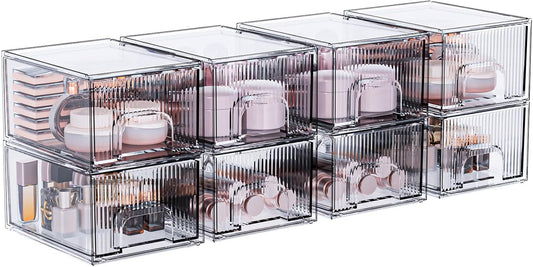 ZJIAI 8 Pack Clear Stackable Storage Drawer, Acrylic Drawer, Cosmetic Organizer, Plastic Organizer for Dresser, Under, Kitchen Cabinet, Pantry, Home Organization and Storage