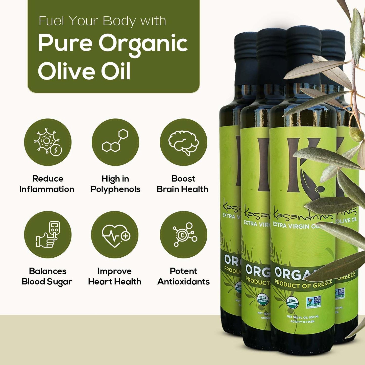 Kasandrinos Organic Olive Oil Extra Virgin, Polyphenol Rich Greek Olive Oil, 100% Organic First Cold Pressed, Mild + Delicate Flavor, Verified by Non GMO, 500 ml / 16.9 oz (Pack of 4)