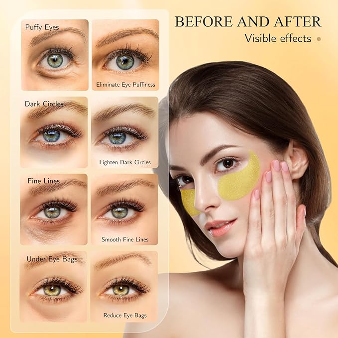 Under Eye Patches, Gold Eye Masks for Dark Circles and Puffiness Anti-Wrinkle Moisturizing Anti-Aging Under Eye Bags Skin Care Treatment Pads Revitalizes & Tightens Eye Area(60PCS)