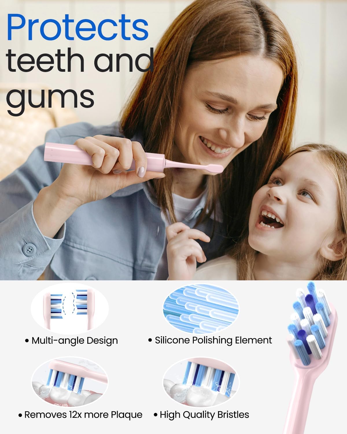 Electric Toothbrush for Adults, Rechargeable Sonic Travel Toothbrush Teens with 4 Brush Heads-180 Days Battery Life, 55000VPM, 5 Modes Smart Timer& Travel Case, Pink