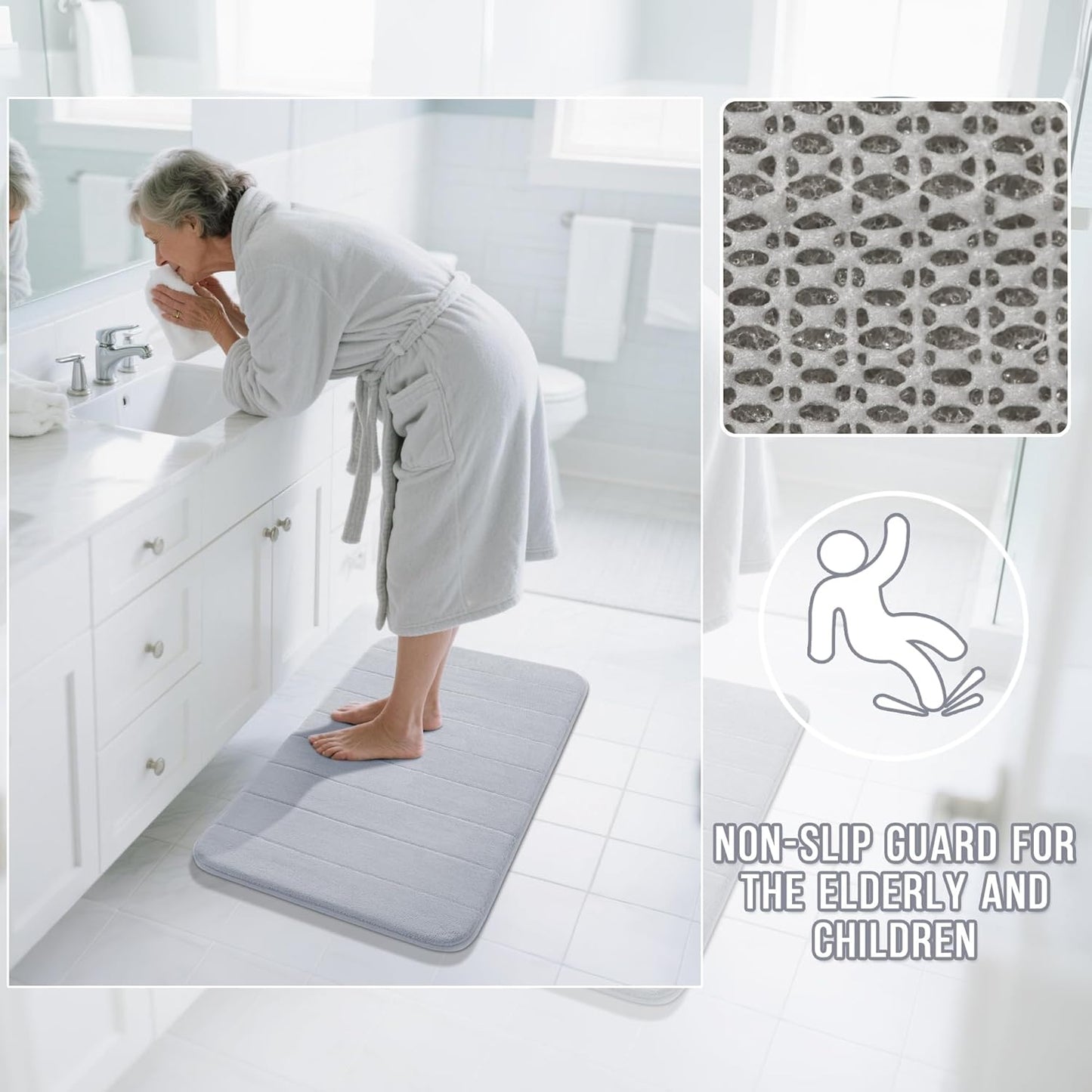 Yimobra Bathroom Runner 60"x24", Non Slip Memory Foam Bath Mat, Super Soft Water Absorbent Hallway Carpet, Machine Washable Rug for Vanity Tub Shower, Silver