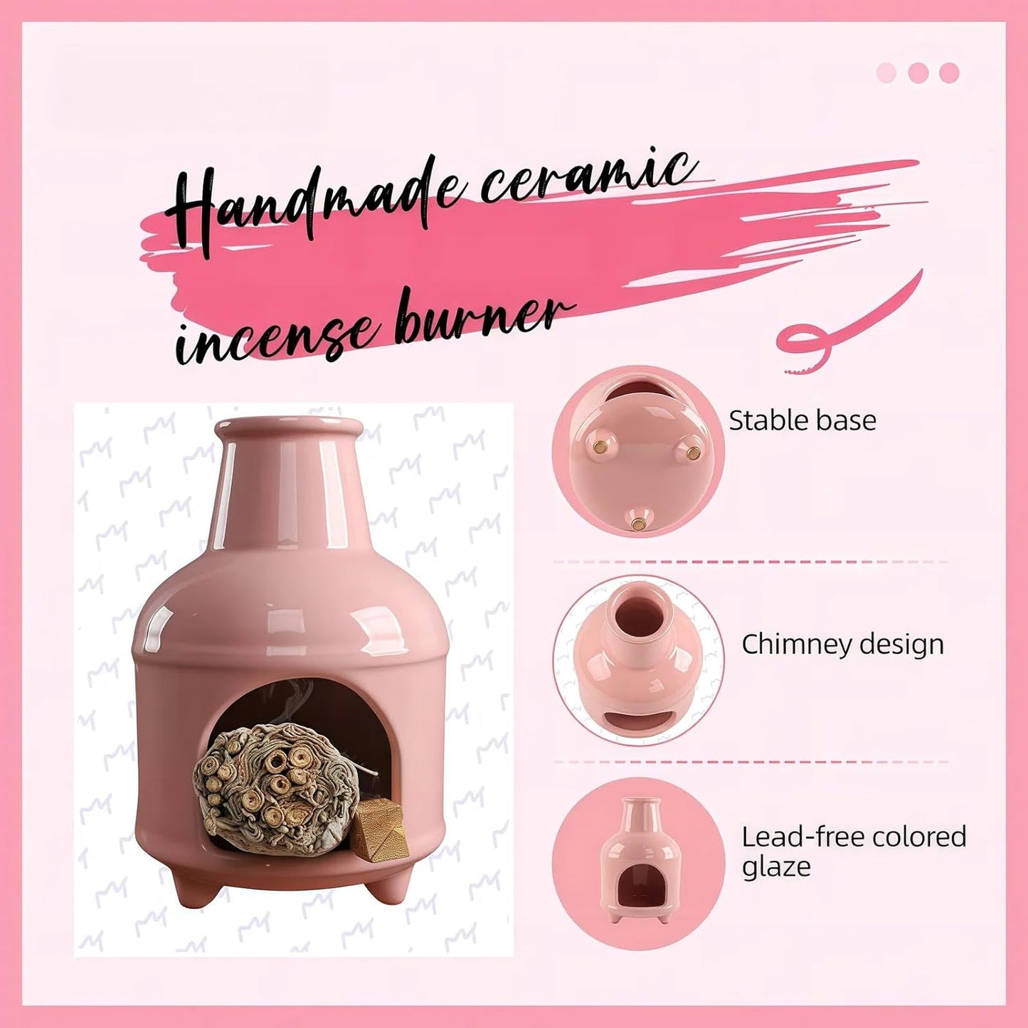 Handmade Pink Ceramic Palo Santo Holder Burner & Sage Holder - Mini Tabletop Chiminea Burner Tray with Ash Catcher, Decorative Incense Holder for Spiritual Meditation & Yoga