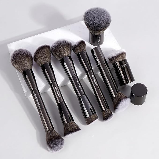 MAANGE 7pcs Makeup Brush Set Double Sided Kabuki Makeup Brushes Contour Brush for Foundation Liquid Powder Concealer Cream Cosmetics Bronzer Blending Blush Buffing Makeup Tools (Black)