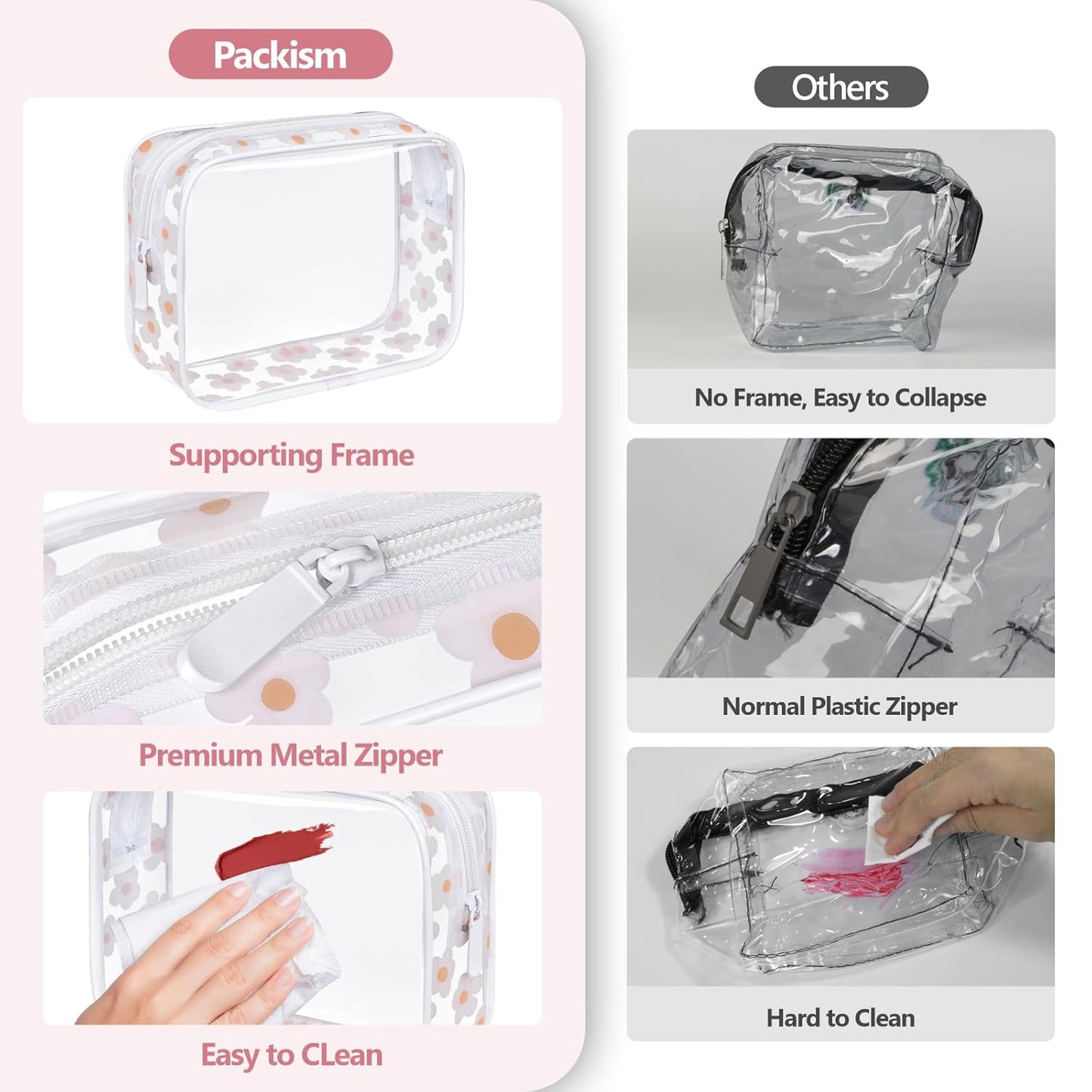 PACKISM TSA Approved Toiletry Bag - White Flower Print Clear Makeup Bag, Suitable for Gifts, with Supporting Frame, Perfect Valentines Day Gifts for Her, Thick No Smell