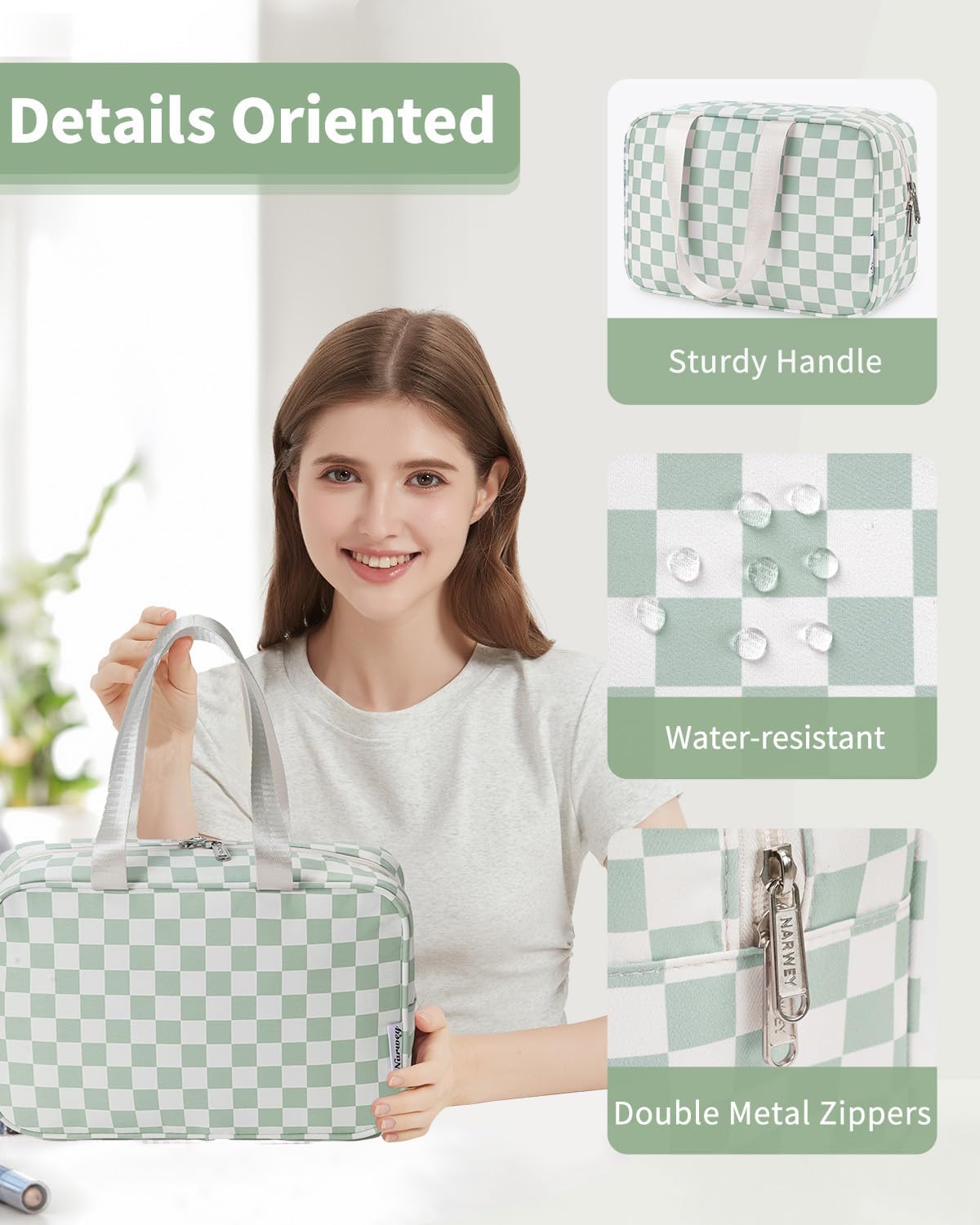 Narwey Large Checkered Travel Toiletry Bag Women Toiletries Bag Skincare Bag Makeup Bag with Handle Make up bag Organizer Cosmetic Bag Medicine Bag for Girls (Mint Green Checkerboard, Large)