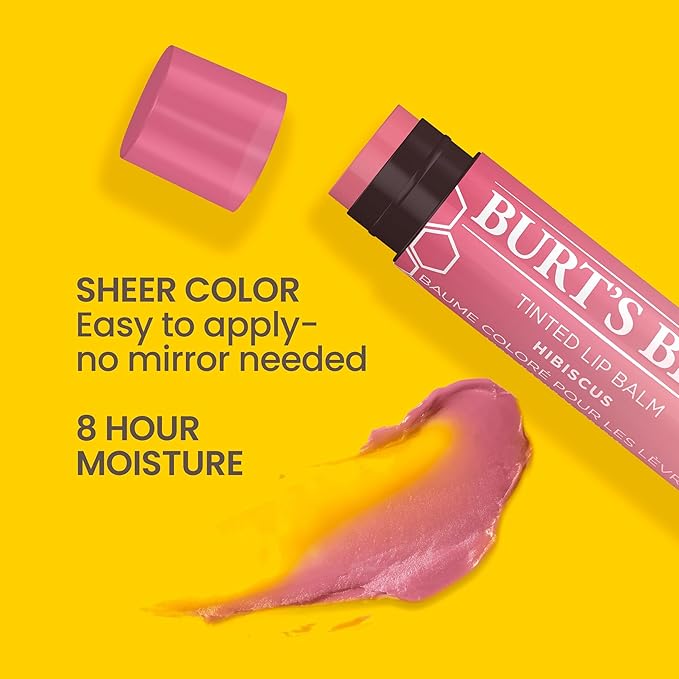 Burt's Bees Lip Tint Balm with Long Lasting 2 in 1 Duo Tinted Balm Formula, Color Infused with Deeply Hydrating Shea Butter for a Natural Looking Buildable Finish, Soft Hibiscus (2-Pack)