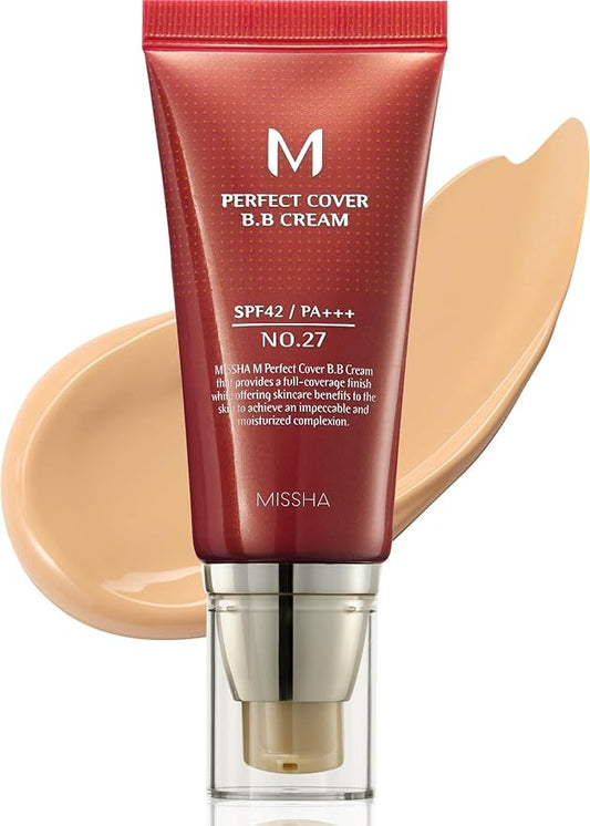 MISSHA M Perfect Cover BB Cream No.27 Honey Beige - Medium with Neutral/Warm Undertone SPF 42 PA +++ 1.69 Fl Oz - Tinted Moisturizer for face with SPF