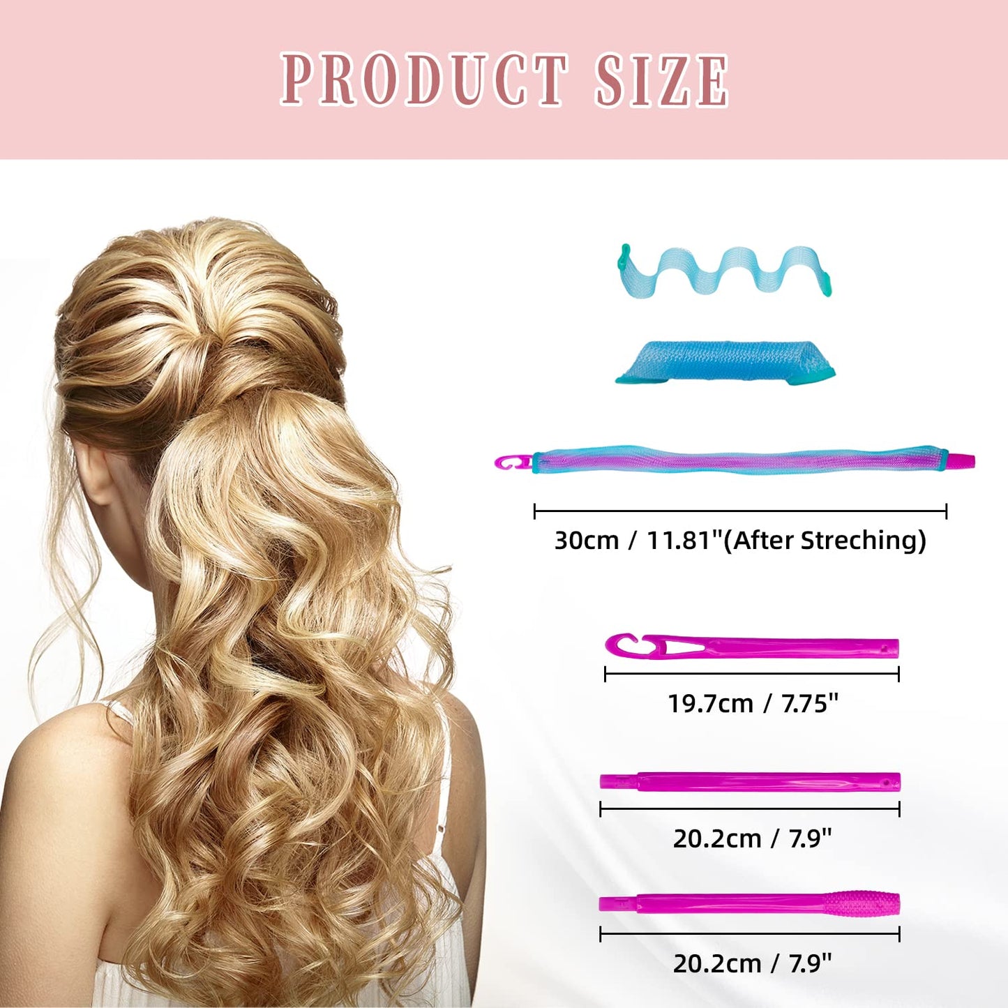 60pcs Heatless Hair Curlers Spiral and Wave Styling Kit 2 Styles No Heat Curlers with 2 Pieces Hooks for Women Girl's Short Medium and Long Hair((12 Inch/30 cm)