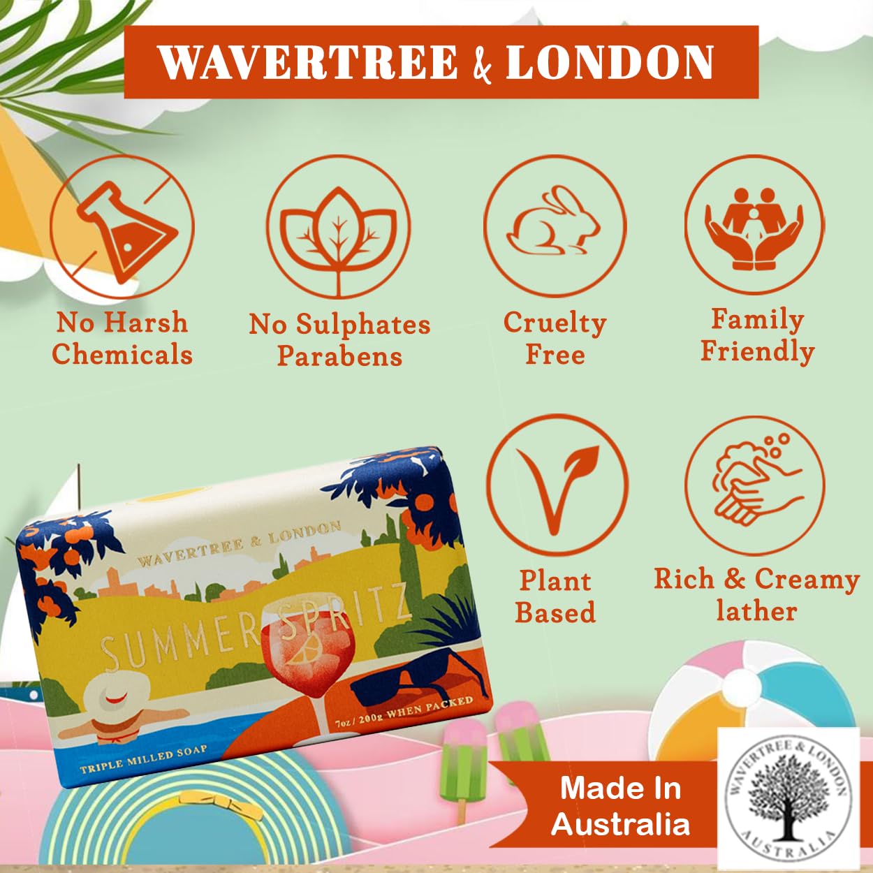 Wavertree & London Summer Spritz Scented Natural Soap (8 Bars), 7oz Moisturizing French Triple Milled Soap Bars enriched with shea butter - Pure Plant Oil Bath & Body Bars for All Skin Types