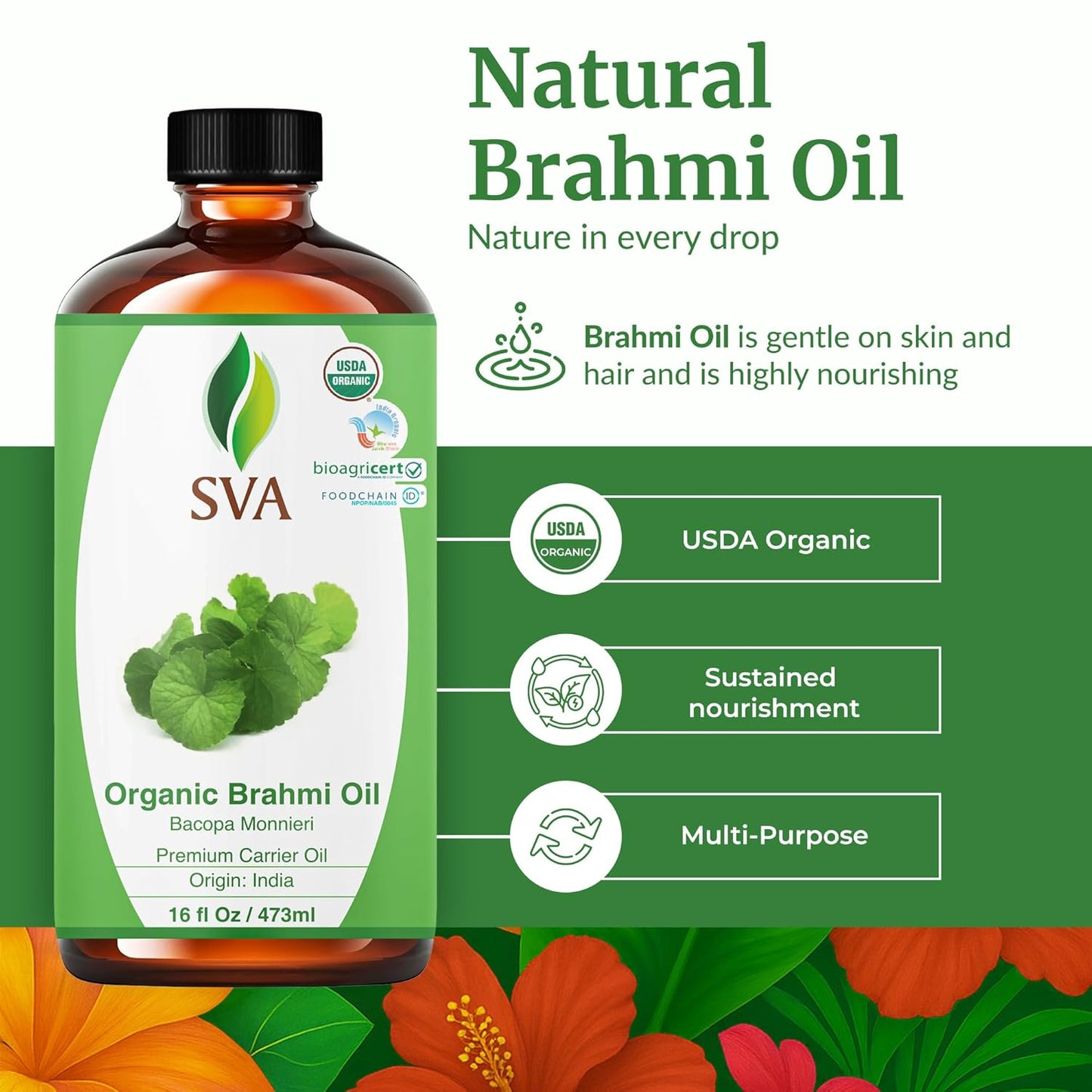 SVA Brahmi Oil Organic - 16 Fl Oz – 100% Natural Cold Pressed Organic Brahmi- for Face, Skin Care, Hair Care, Scalp Massage & Body Massage – Carrier Oil