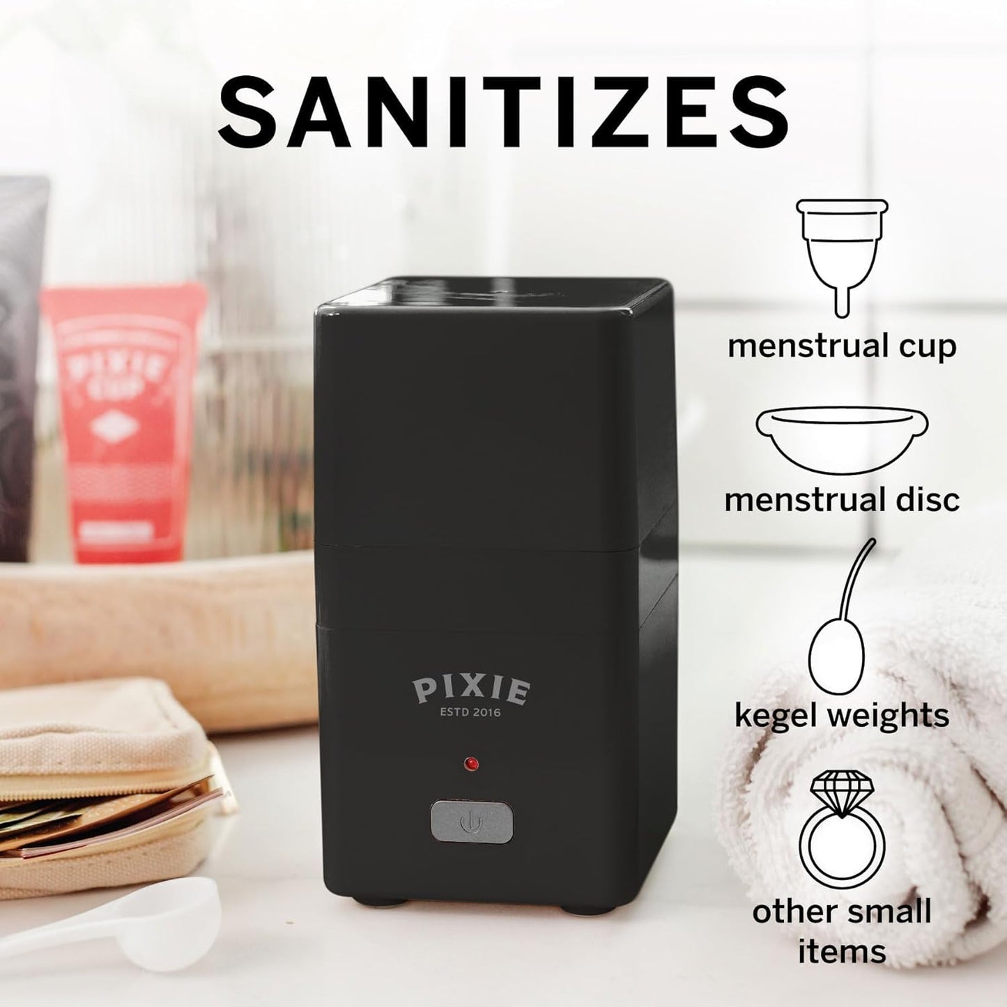 Pixie Menstrual Cup Sterilizer - Ranked 1 for The Best Steamer - Kills 99.9% of Germs with Cleaner Steam - Wash Your Period Disc or Cup in 3 Minutes! - Automatic Timing Shut-Off Switch