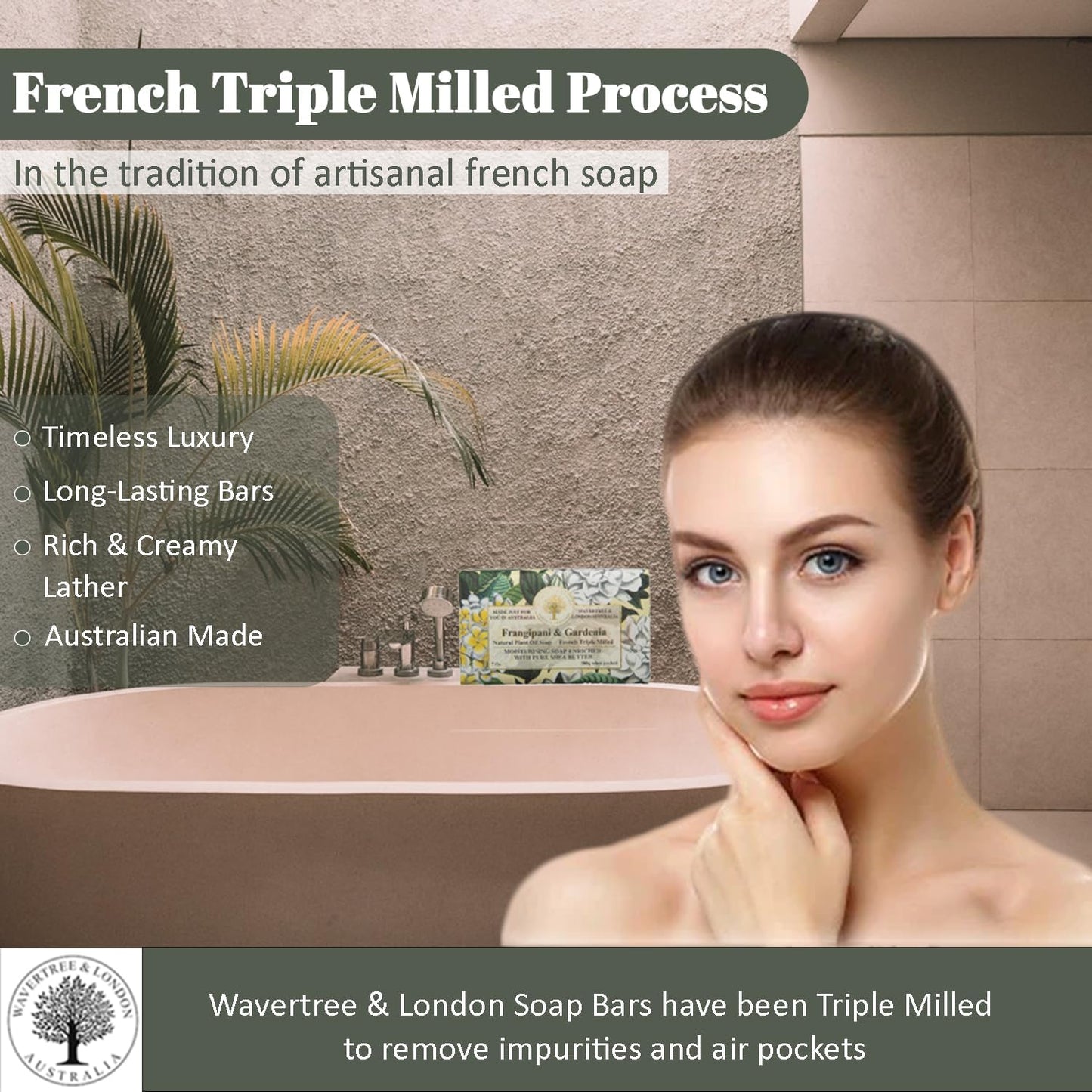 Wavertree & London Frangipani & Gardenia Scented Natural Soap (1 Bar), 7oz Moisturizing French Triple Milled Soap Bar for Women & Men enriched with shea butter - Pure Bath & Body soap bar