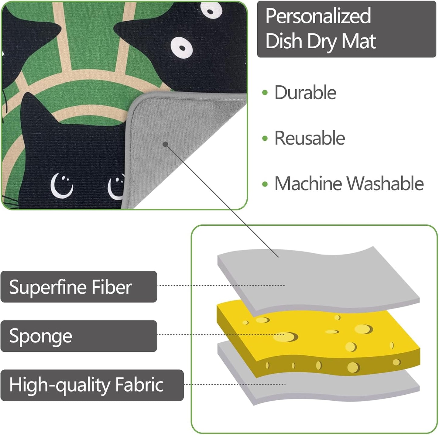 SHIYUE Dish Drying Mat for Kitchen Counter Super Absorbent Spring Kitchen Decor Microfiber Drying Matainers Rack Fast Pad Dish Drainer Mats(Three Cats,18''x24'')