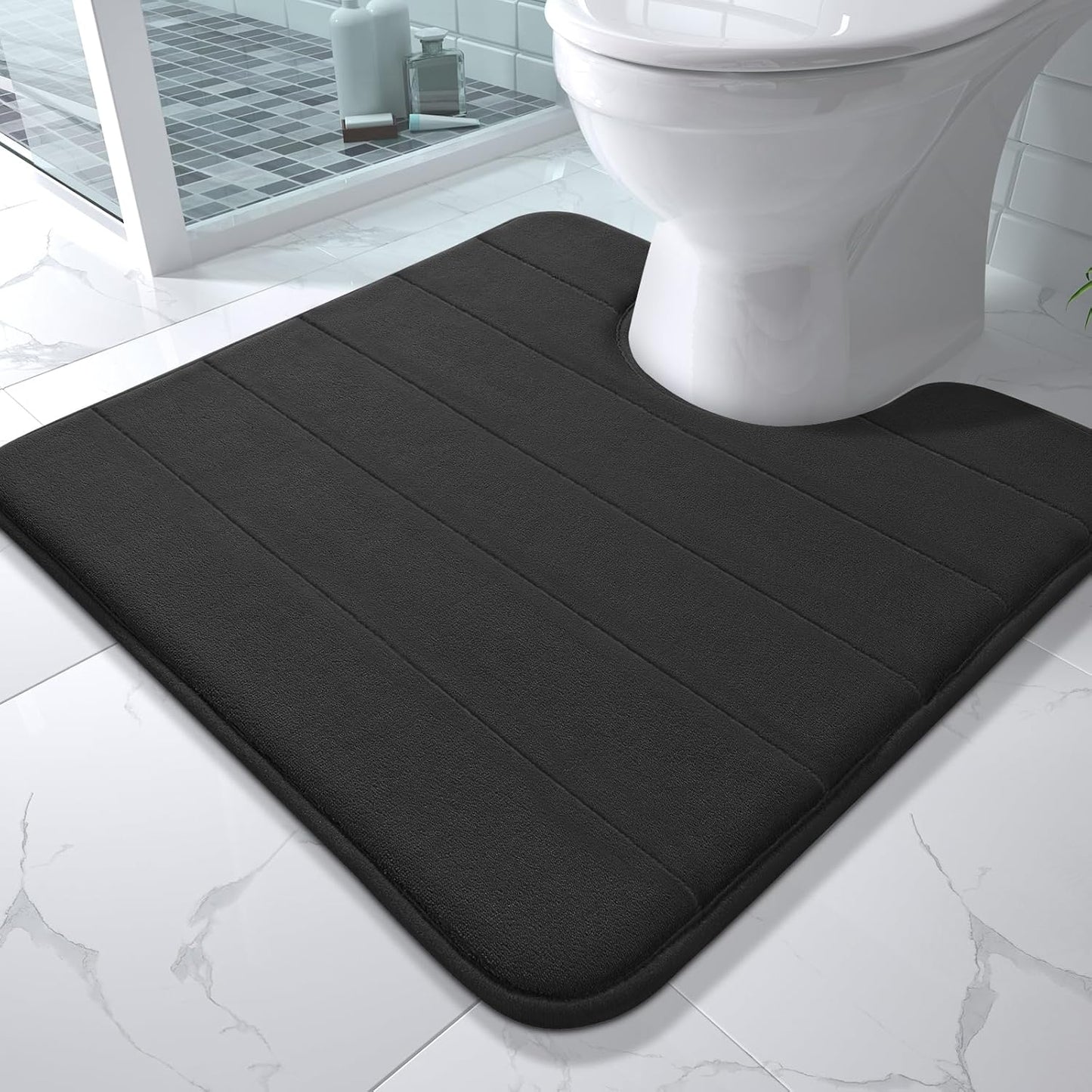 Yimobra Memory Foam Toilet Bath Mat U-Shaped, Commode Contour Rug, Soft and Comfortable, Super Water Absorption, Non-Slip, Thick, Machine Wash and Easier to Dry for Bathroom, 24 X 24 Inches, Black