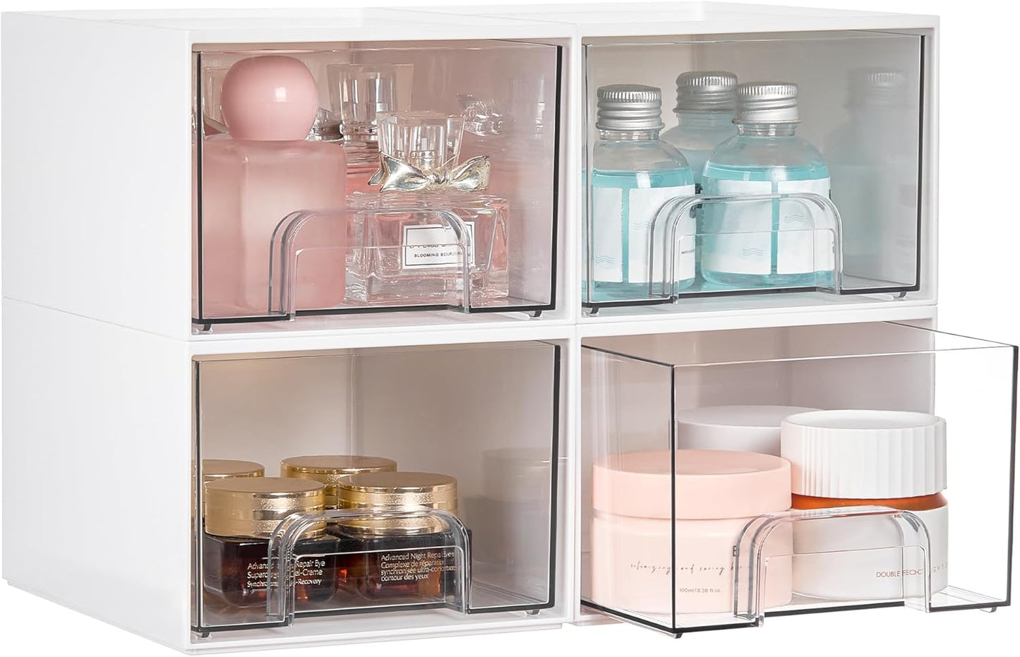 Vtopmart 4Pack Stackable Storage Drawer, 4.4'' Tall Bathroom Makeup Organizer,Plastic Storage Bins For Vanity, Undersink, Kitchen Cabinets, Pantry, Home Organization(White)