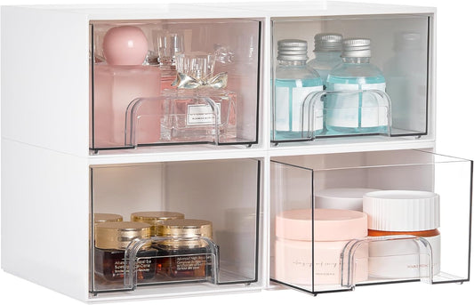 Vtopmart 4Pack Stackable Storage Drawer, 4.4'' Tall Bathroom Makeup Organizer,Plastic Storage Bins For Vanity, Undersink, Kitchen Cabinets, Pantry, Home Organization(White)