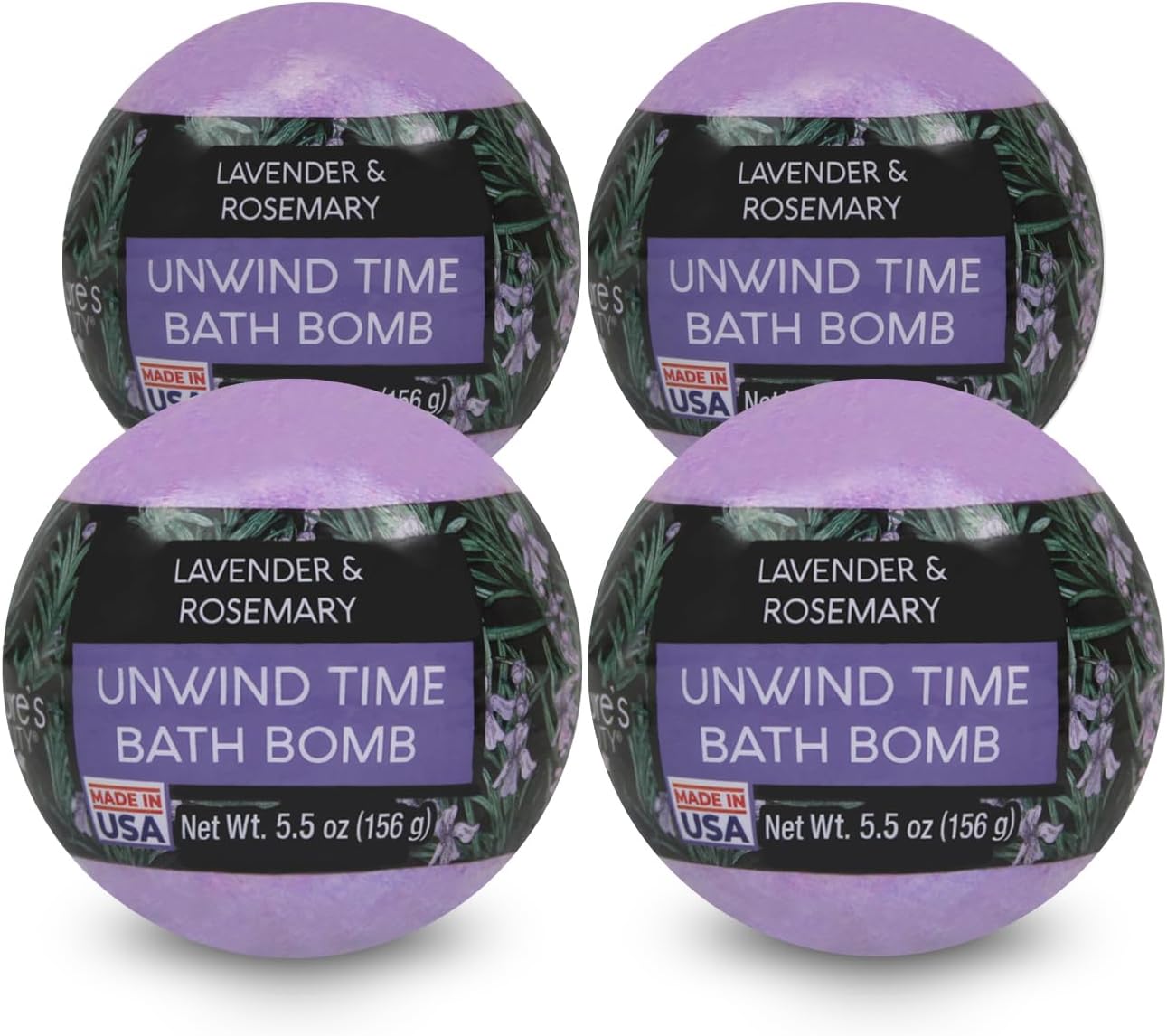 Nature's Beauty Lavender & Rosemary Bath Bomb Multi-Pack - Luxury Fizzy Spa Bath Bomb to Help Calm, Soothe + Revive Dull and Dry Skin Made with Coconut Oil & Witch Hazel, 5.5 oz (4 Pack)
